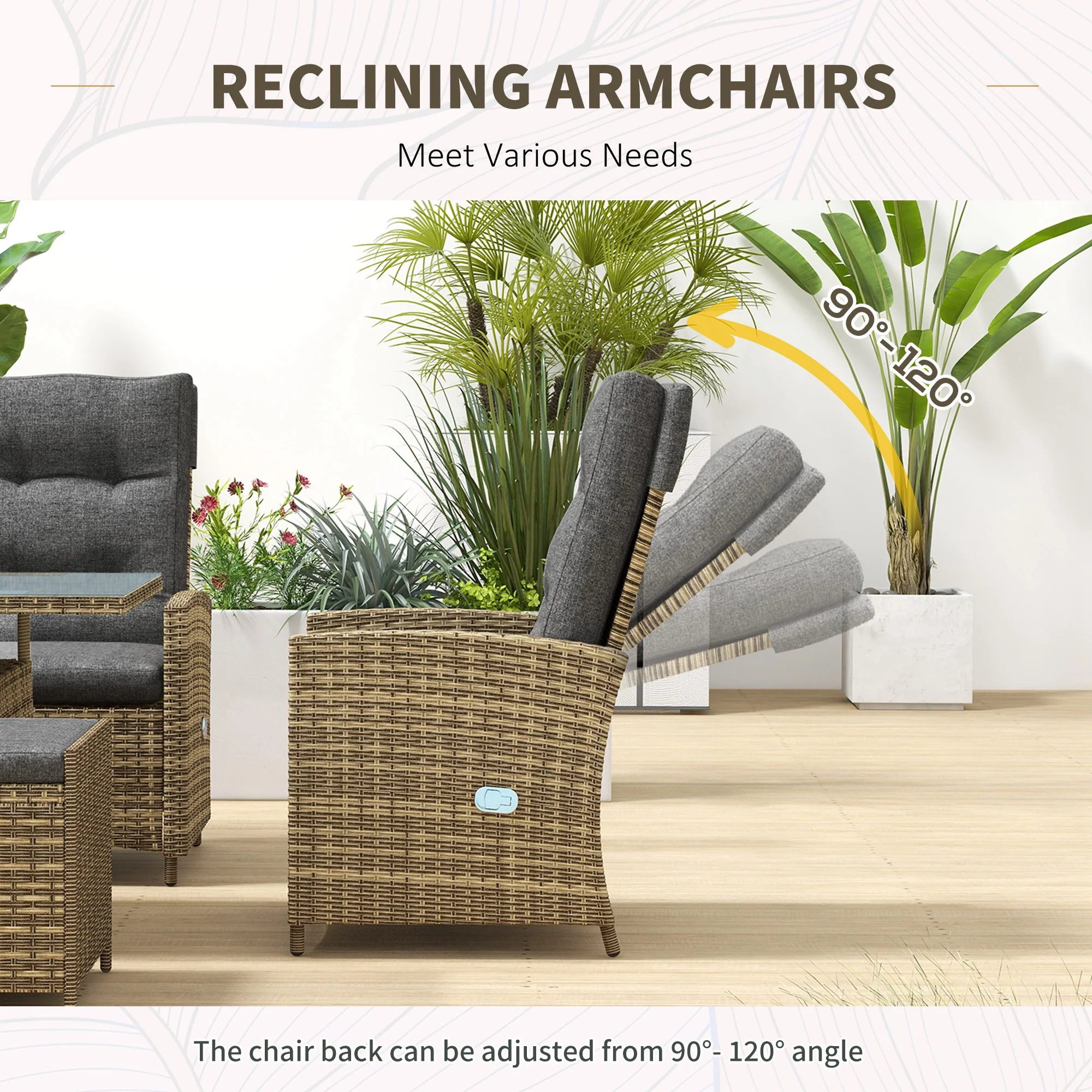 6 Seater Rattan Dining Set with Reclining Chairs, Loveseat, Stools & Glass Top Table, Mixed Grey - Image 9