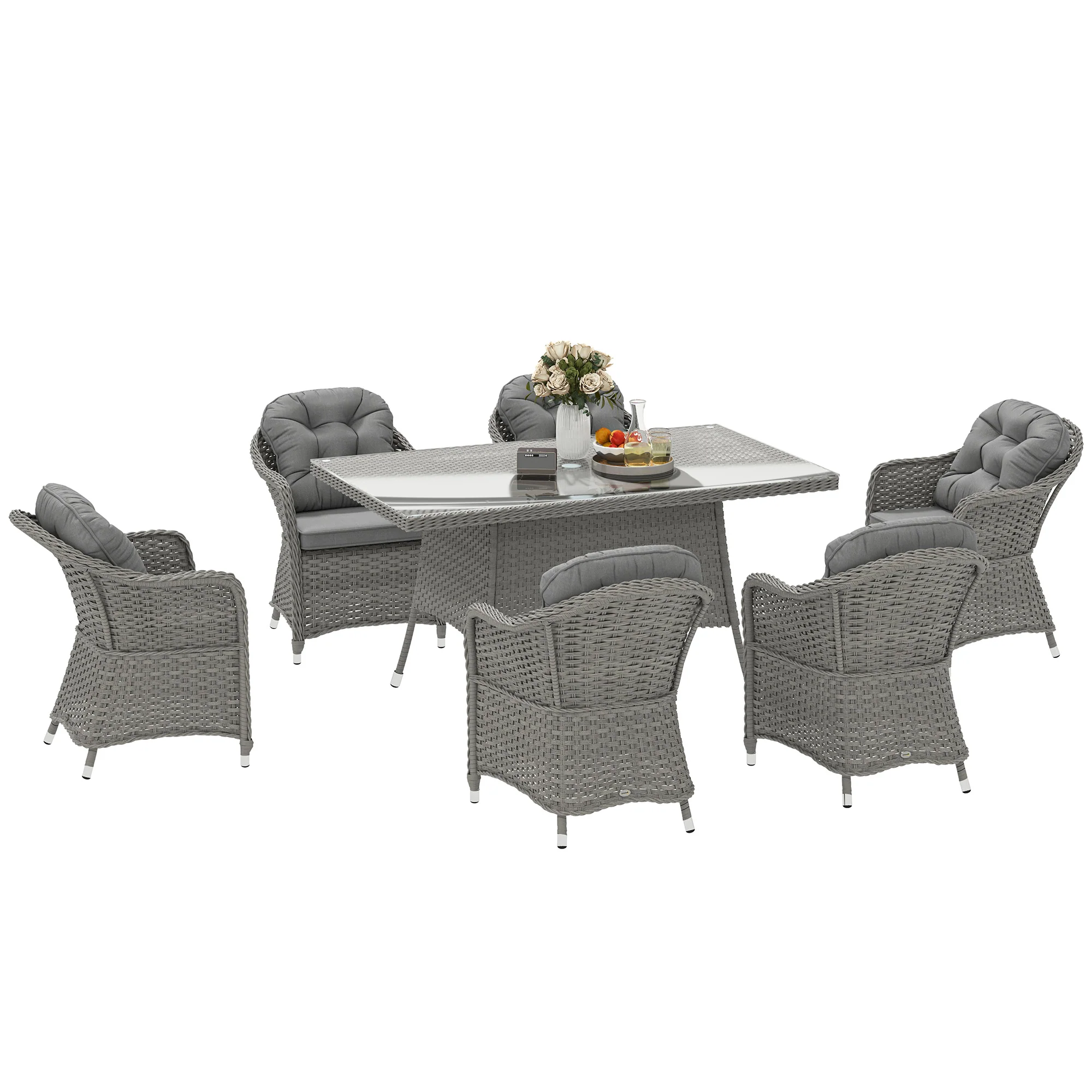 6 Seater Rattan Dining Set with Cushions, Parasol Hole & Glass Top Table, Light Grey