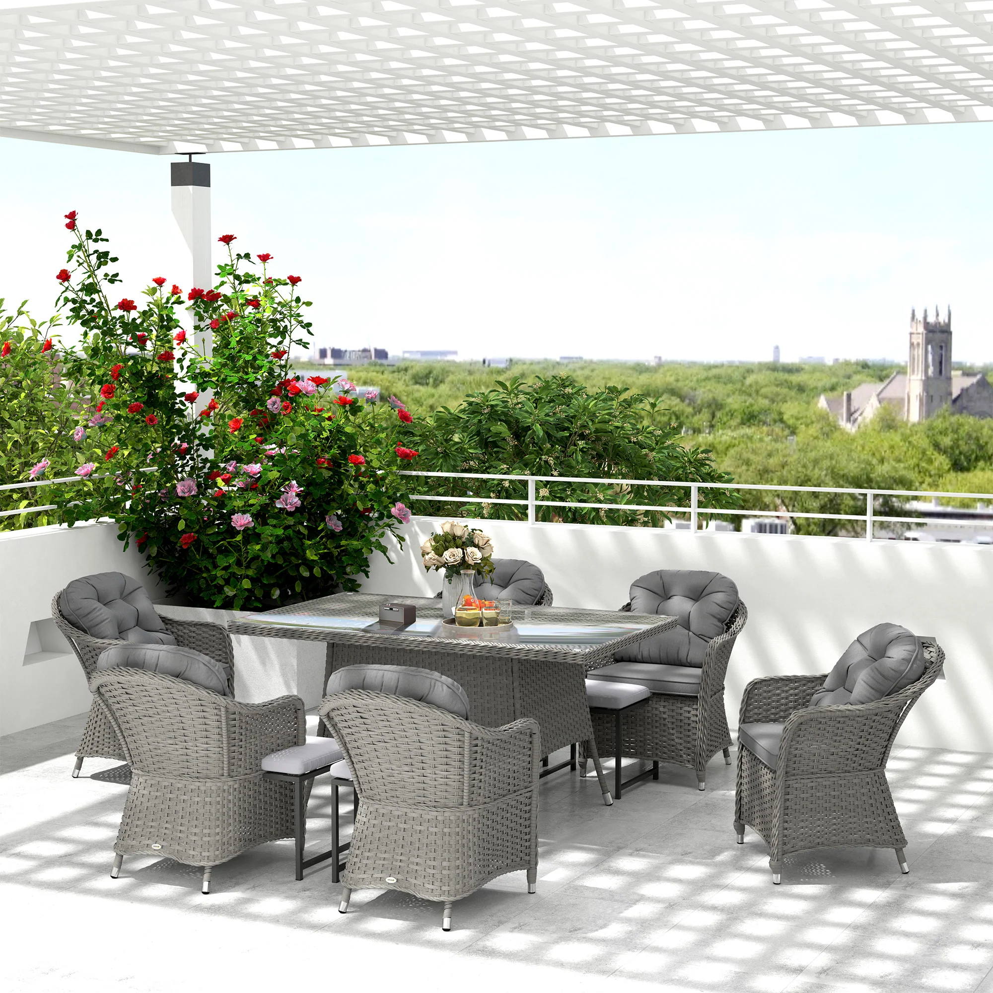 6 Seater Rattan Dining Set with Cushions, Parasol Hole & Glass Top Table, Light Grey - Image 10