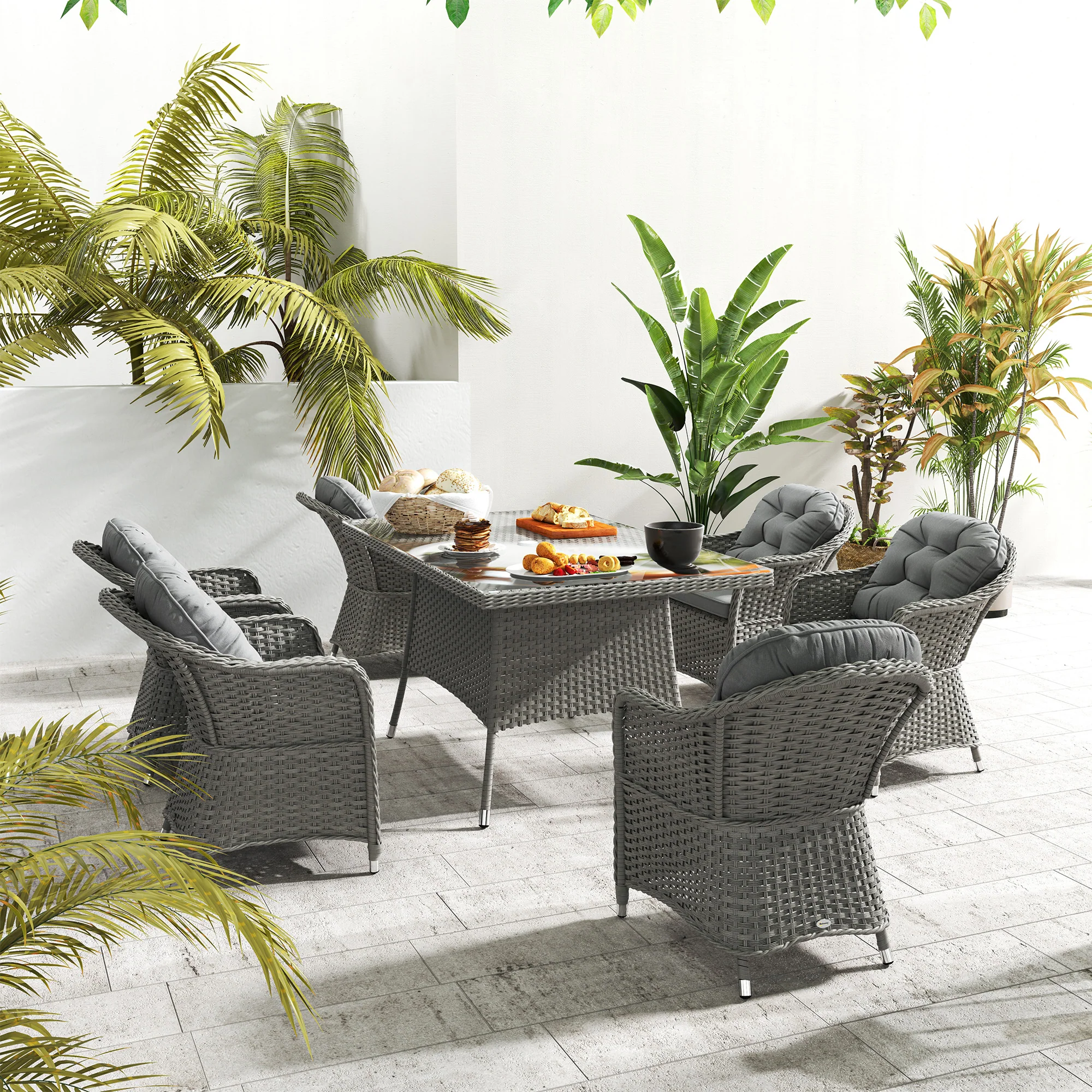 6 Seater Rattan Dining Set with Cushions, Parasol Hole & Glass Top Table, Light Grey - Image 11