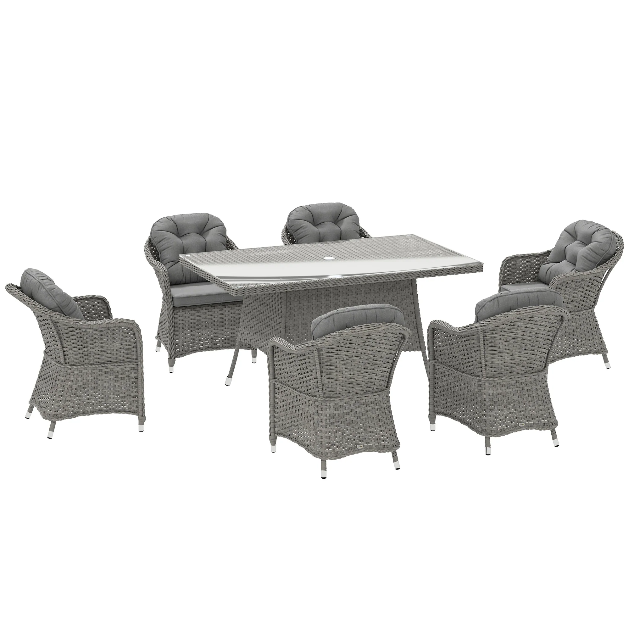 6 Seater Rattan Dining Set with Cushions, Parasol Hole & Glass Top Table, Light Grey - Image 12