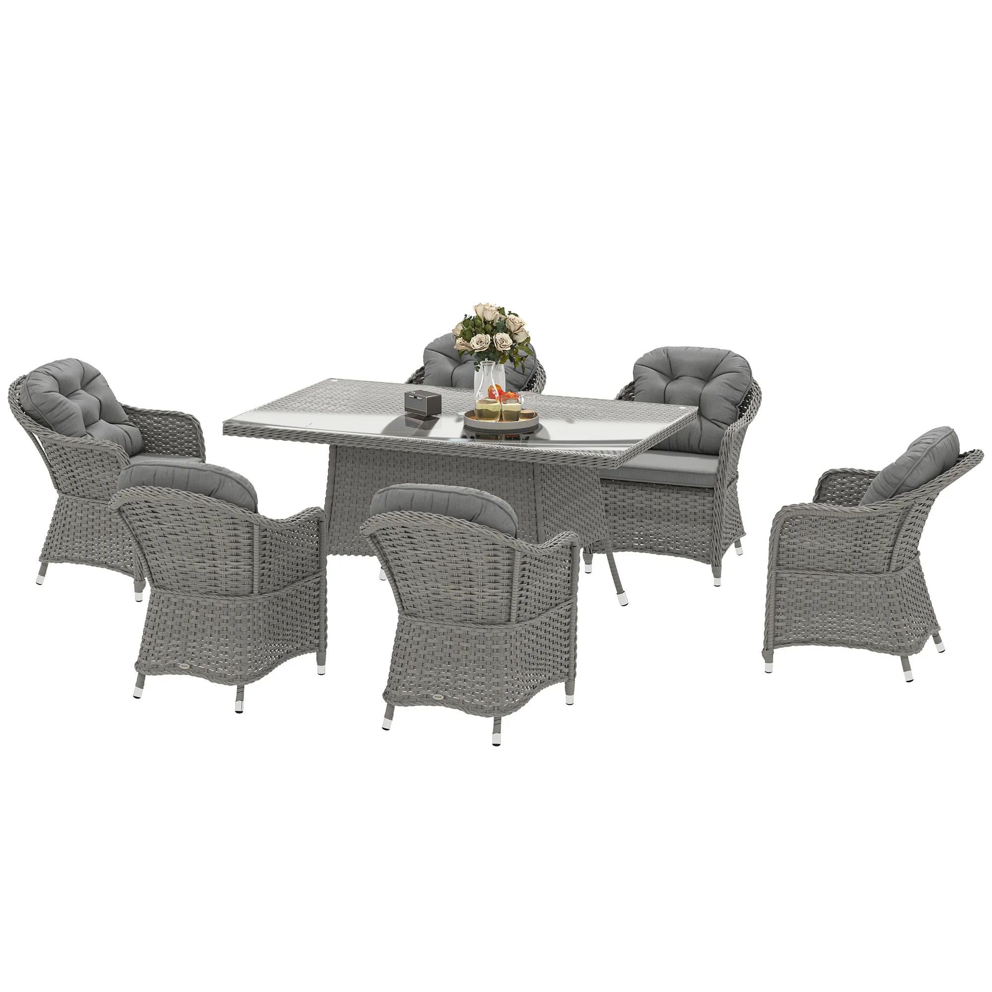 6 Seater Rattan Dining Set with Cushions, Parasol Hole & Glass Top Table, Light Grey - Image 2
