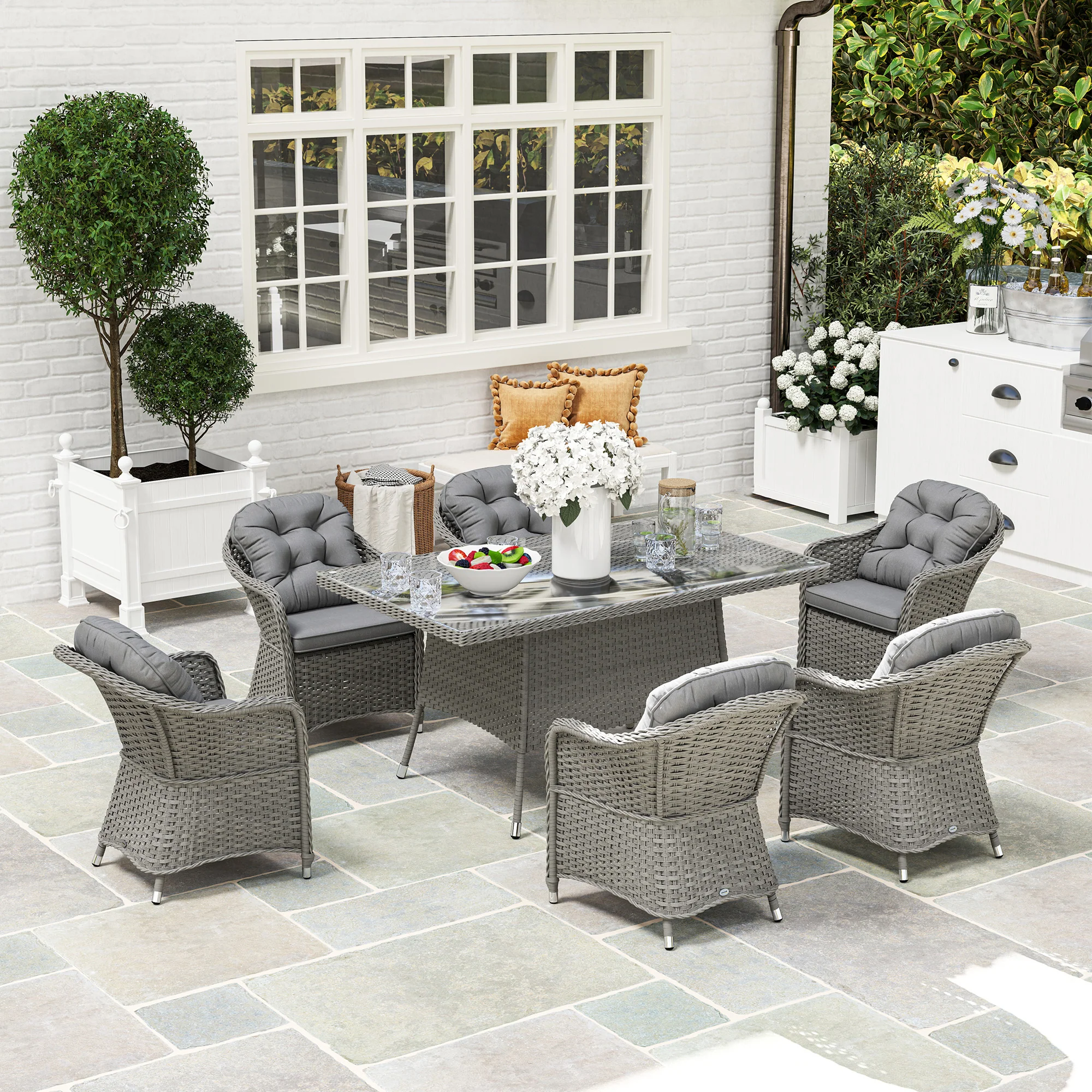6 Seater Rattan Dining Set with Cushions, Parasol Hole & Glass Top Table, Light Grey - Image 3