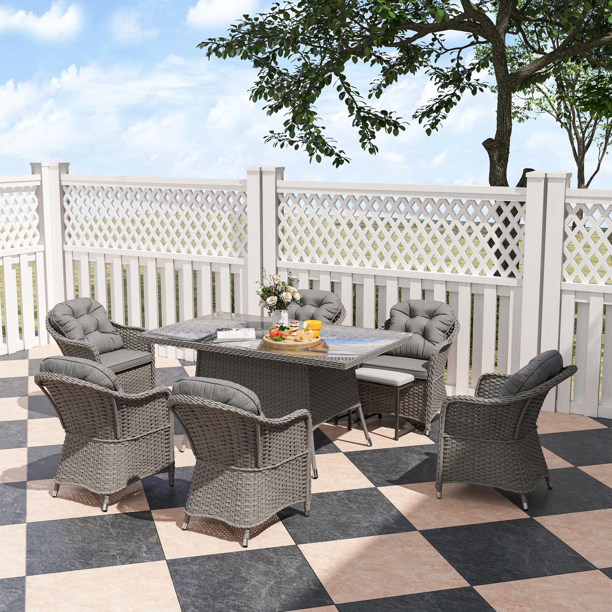 6 Seater Rattan Dining Set with Cushions, Parasol Hole & Glass Top Table, Light Grey - Image 4