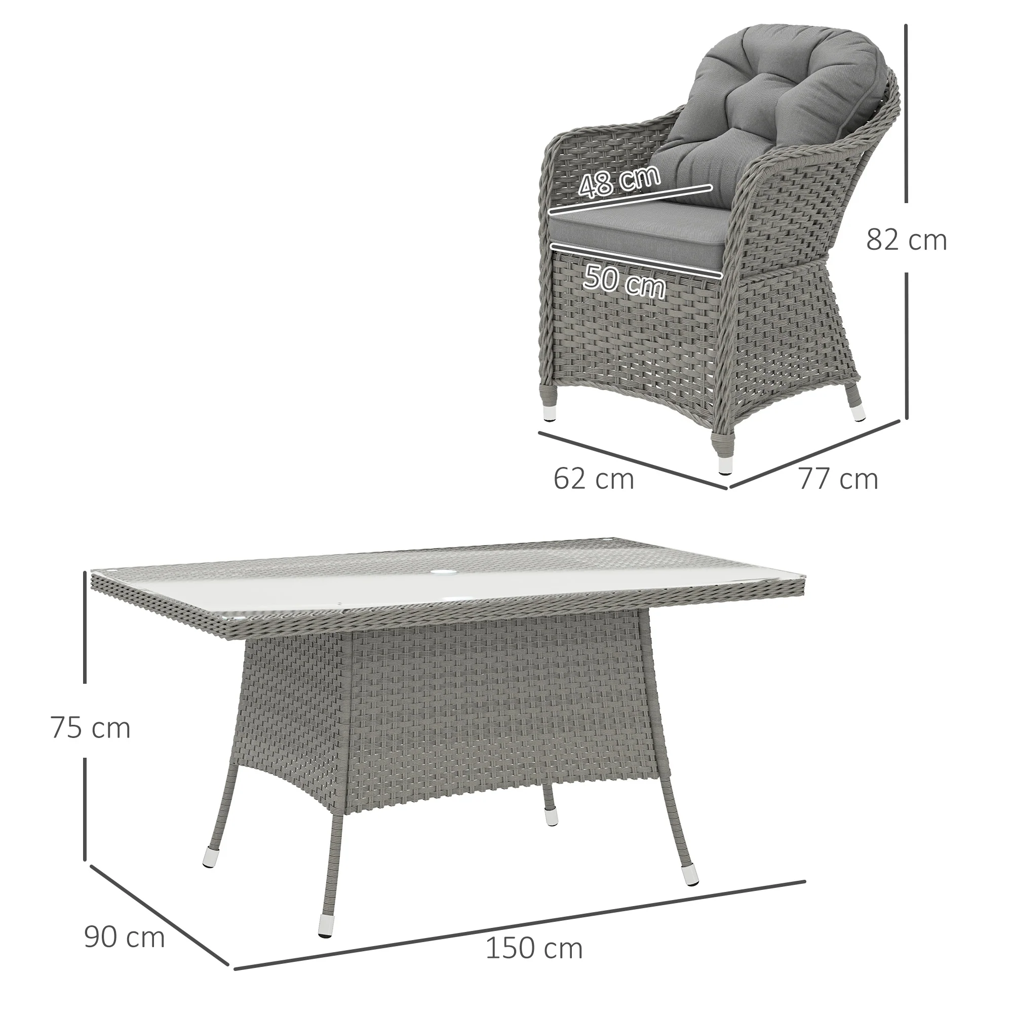 6 Seater Rattan Dining Set with Cushions, Parasol Hole & Glass Top Table, Light Grey - Image 5