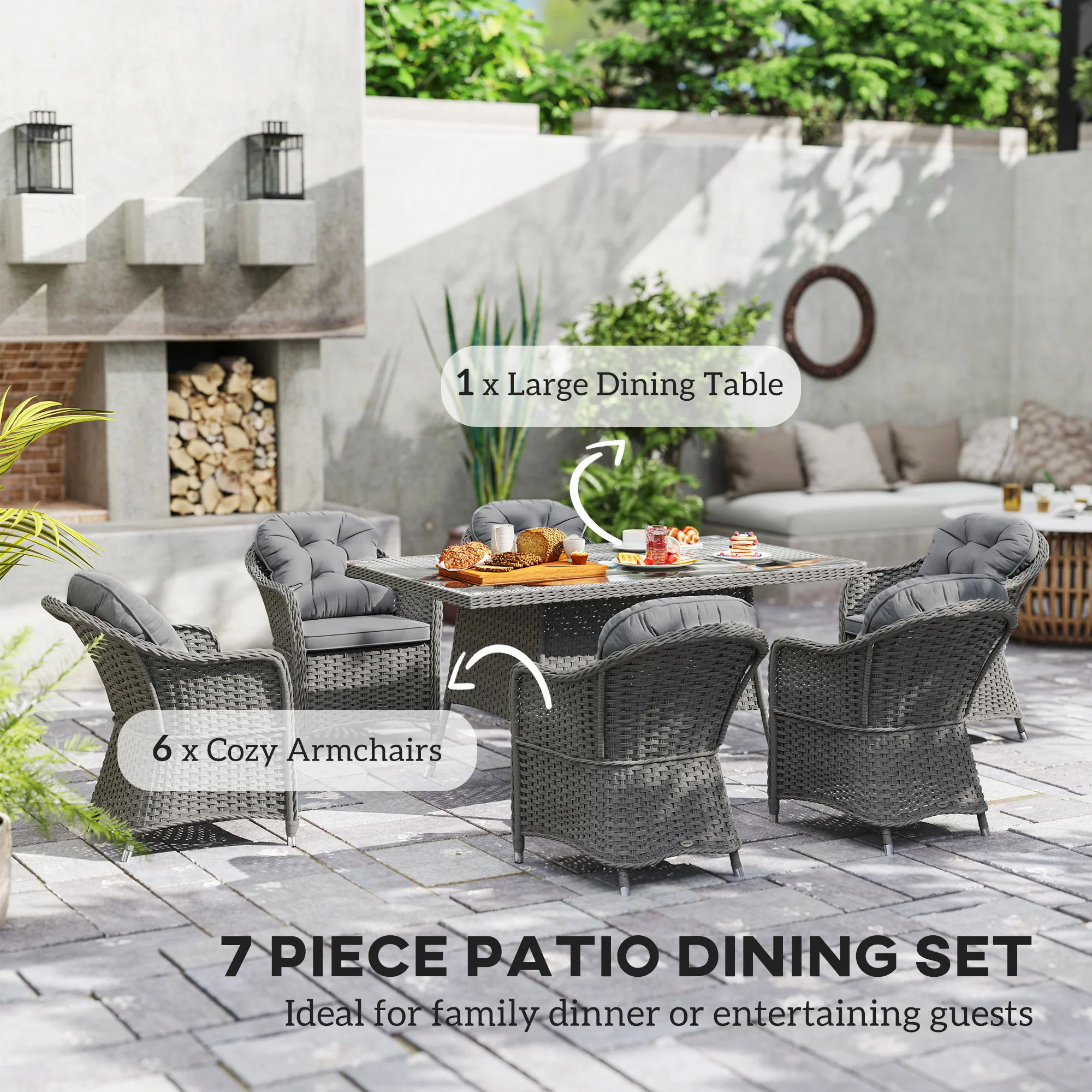 6 Seater Rattan Dining Set with Cushions, Parasol Hole & Glass Top Table, Light Grey - Image 6