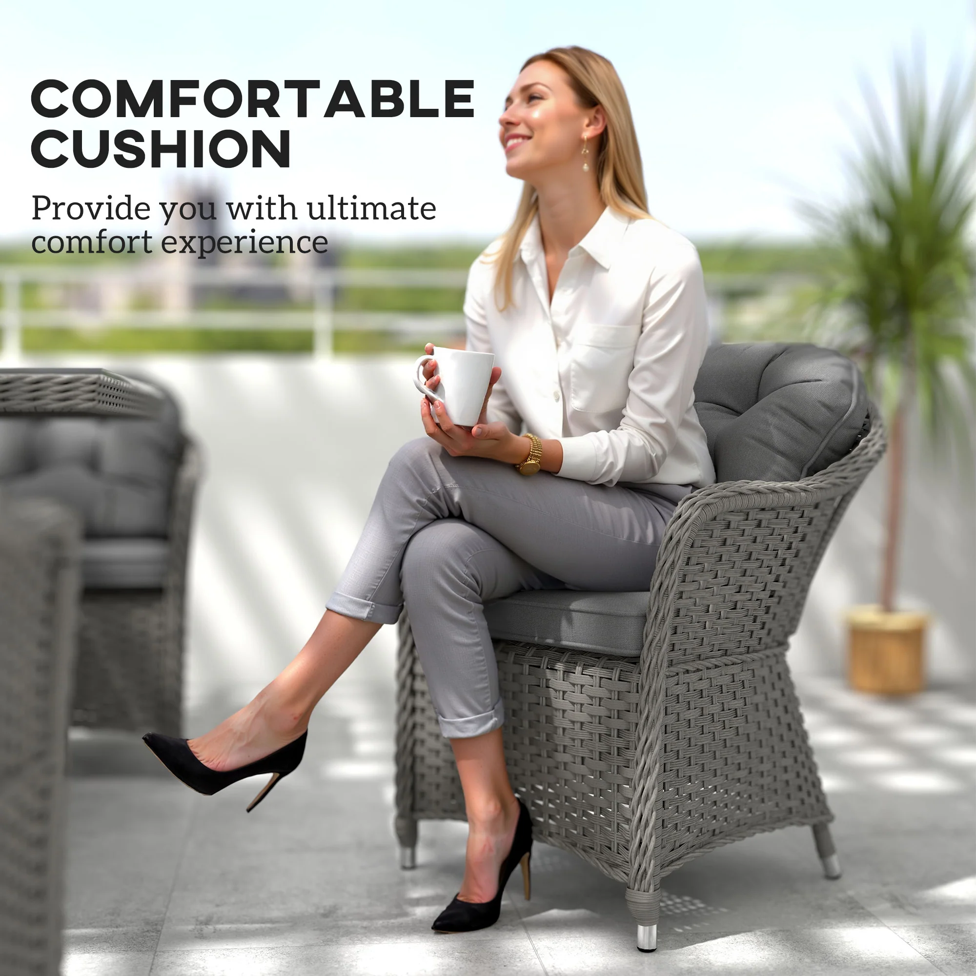 6 Seater Rattan Dining Set with Cushions, Parasol Hole & Glass Top Table, Light Grey - Image 8
