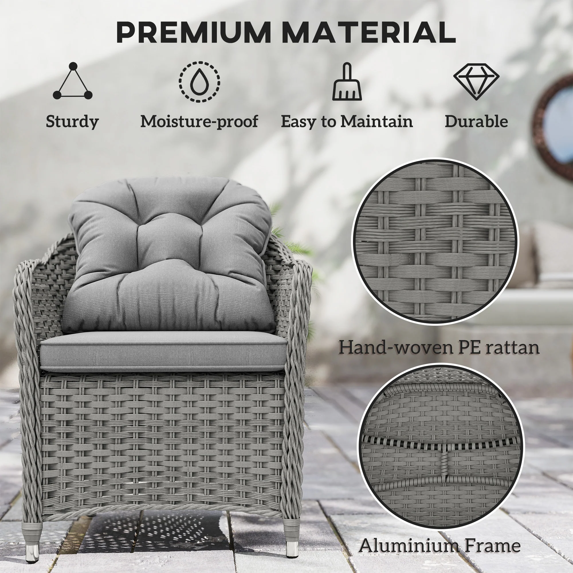 6 Seater Rattan Dining Set with Cushions, Parasol Hole & Glass Top Table, Light Grey - Image 9