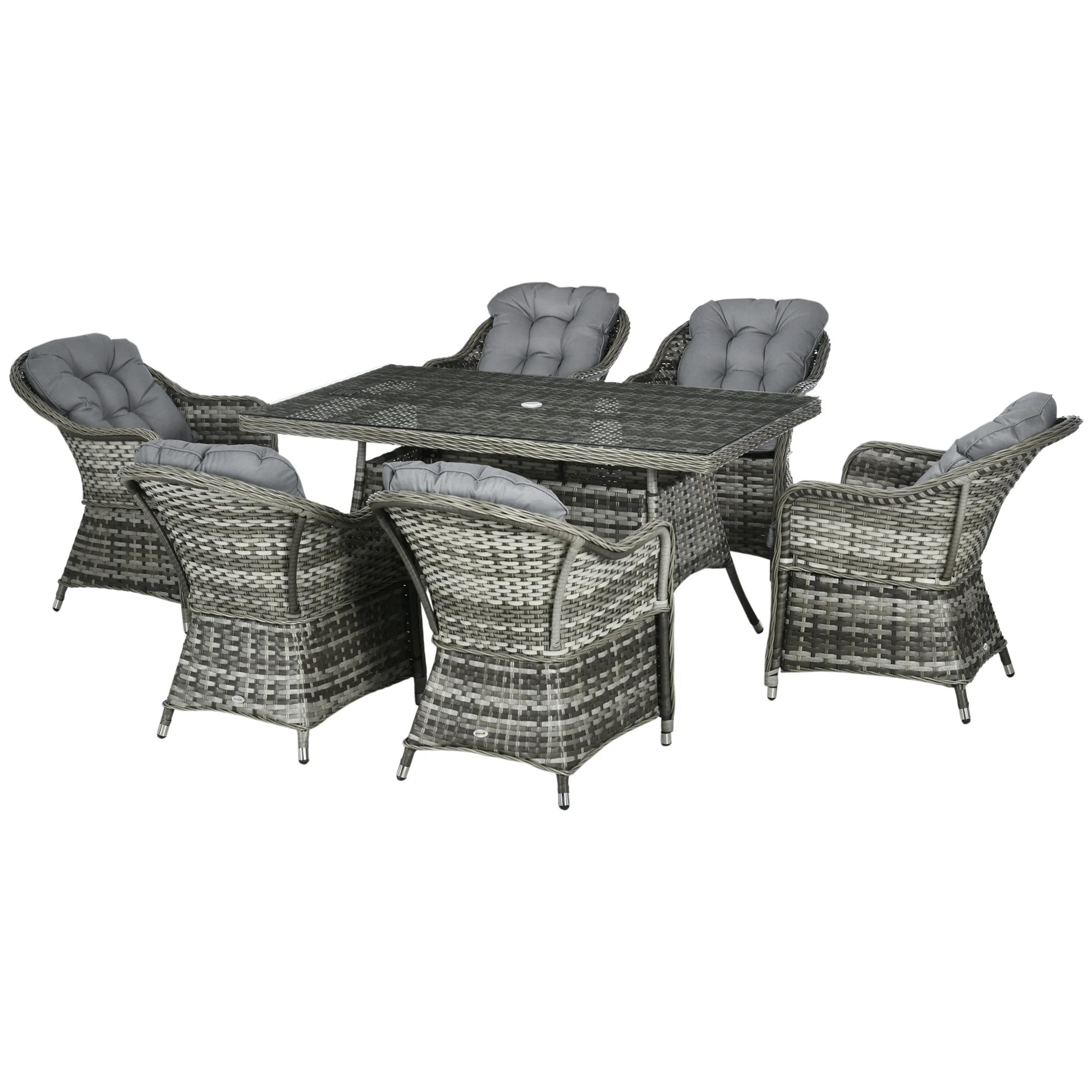 6 Seater Rattan Dining Set with Seat and Back Cushions, Parasol Hole & Glass Top Table, Grey - Image 12
