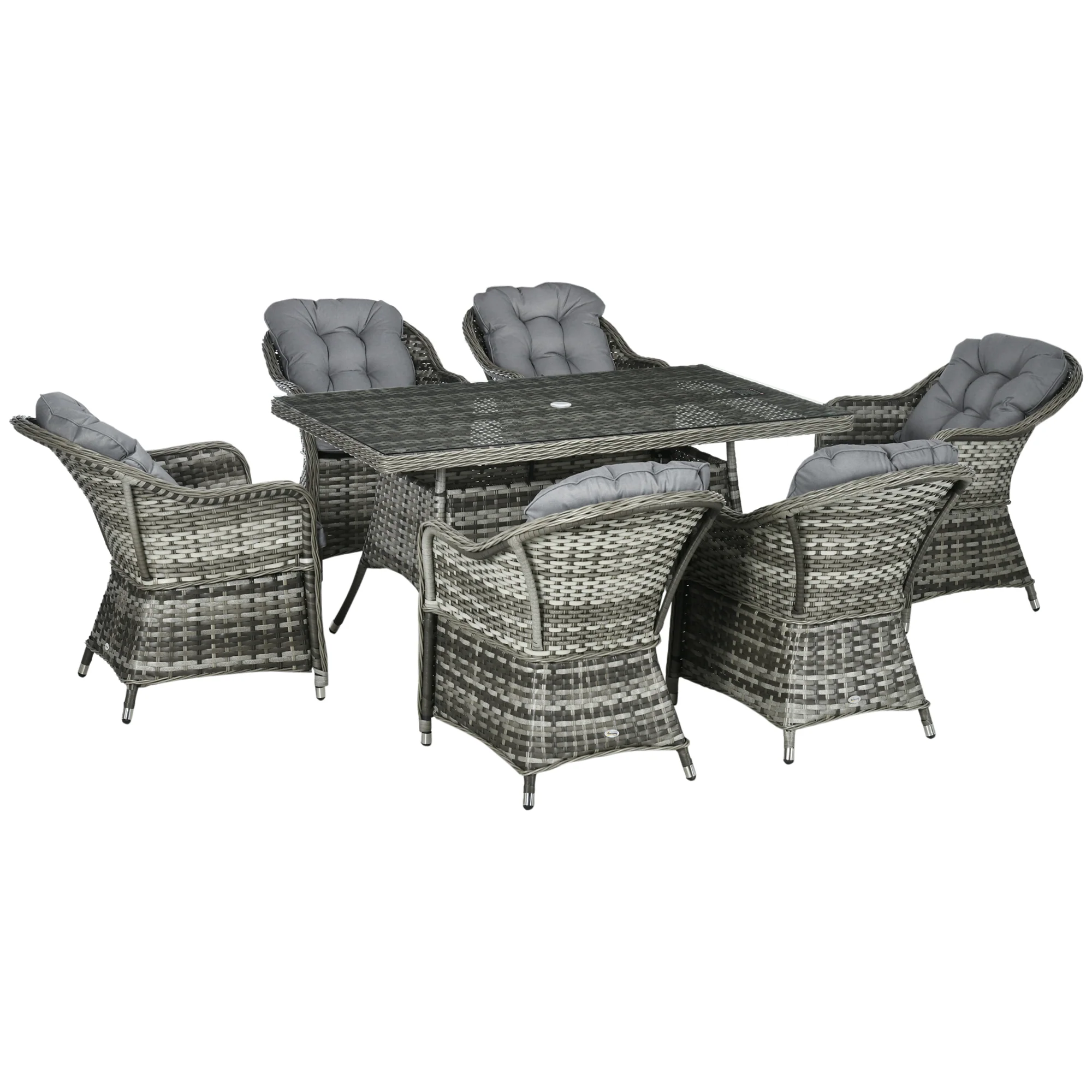 6 Seater Rattan Dining Set with Seat and Back Cushions, Parasol Hole & Glass Top Table, Grey - Image 2