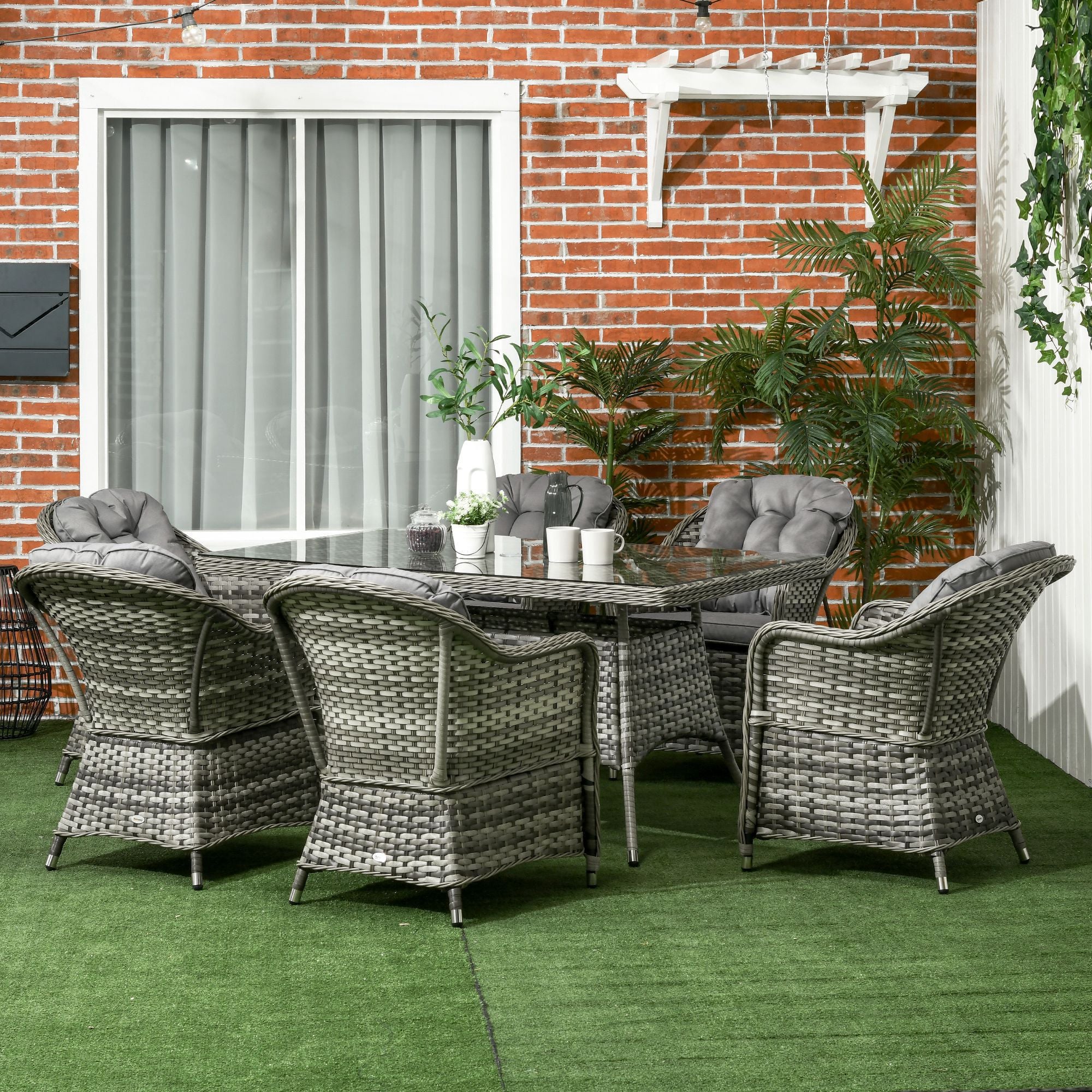 6 Seater Rattan Dining Set with Seat and Back Cushions, Parasol Hole & Glass Top Table, Grey - Image 3