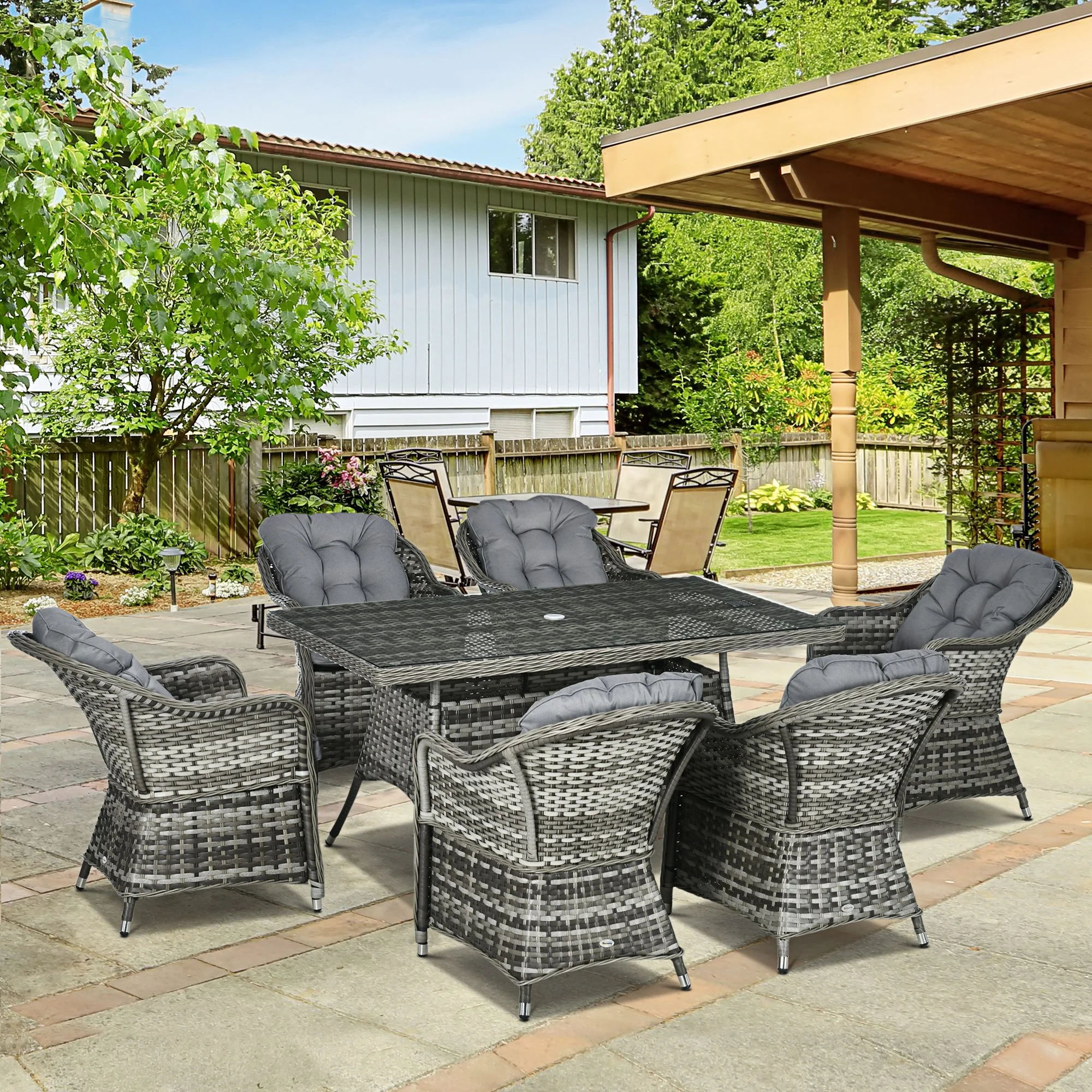 6 Seater Rattan Dining Set with Seat and Back Cushions, Parasol Hole & Glass Top Table, Grey - Image 4