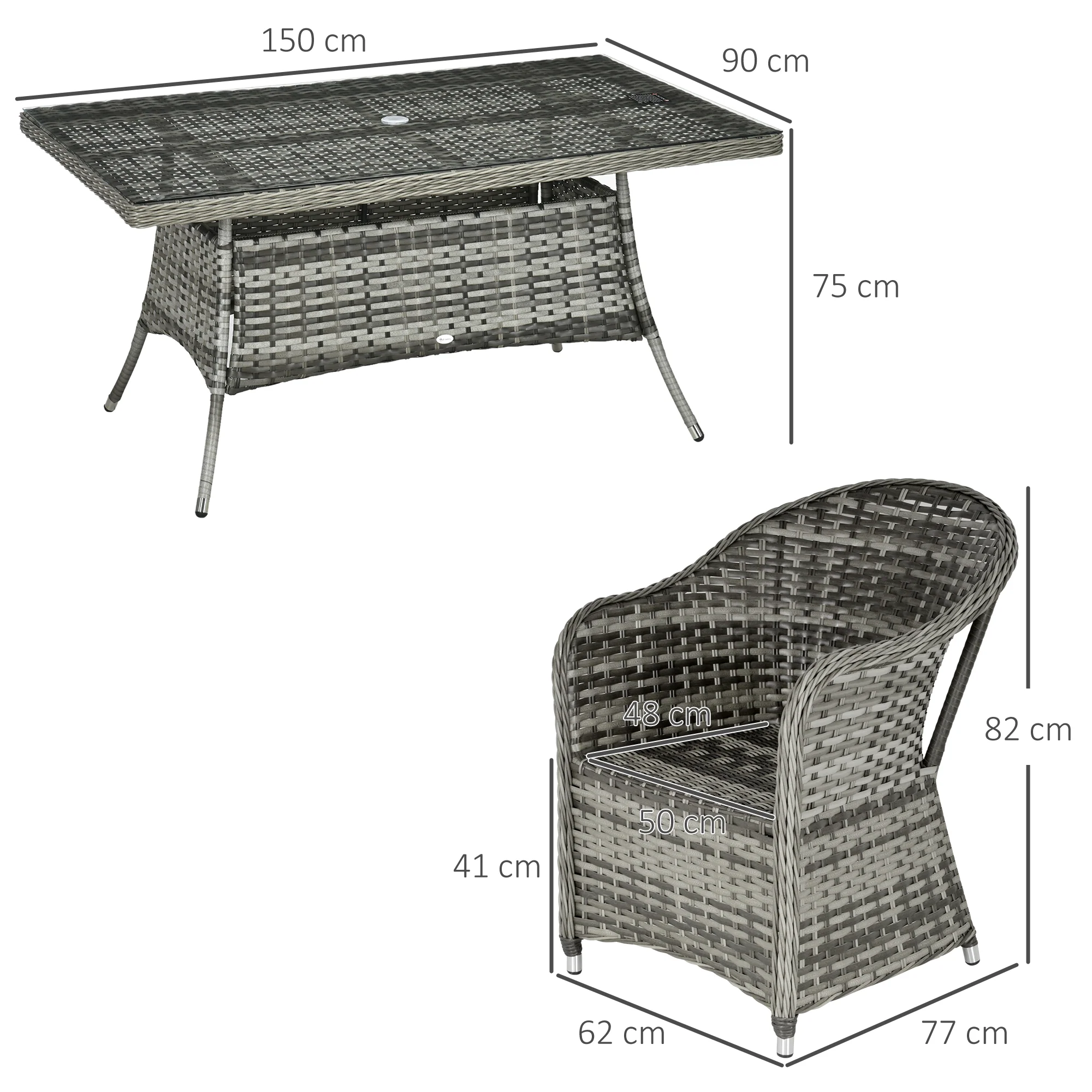 6 Seater Rattan Dining Set with Seat and Back Cushions, Parasol Hole & Glass Top Table, Grey - Image 5