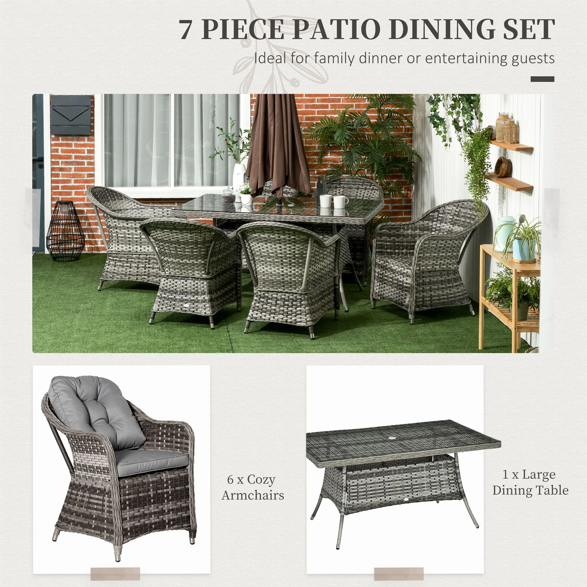6 Seater Rattan Dining Set with Seat and Back Cushions, Parasol Hole & Glass Top Table, Grey - Image 6