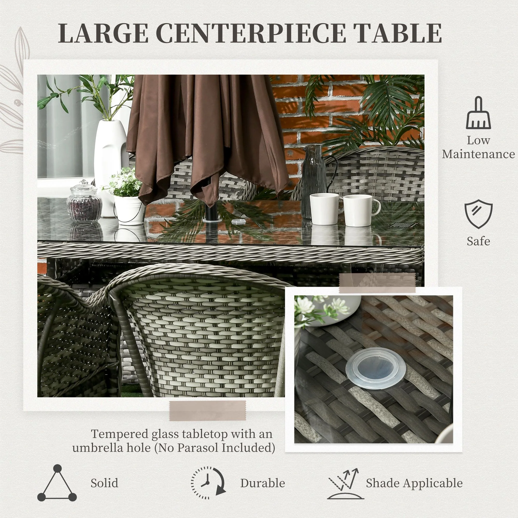6 Seater Rattan Dining Set with Seat and Back Cushions, Parasol Hole & Glass Top Table, Grey - Image 7
