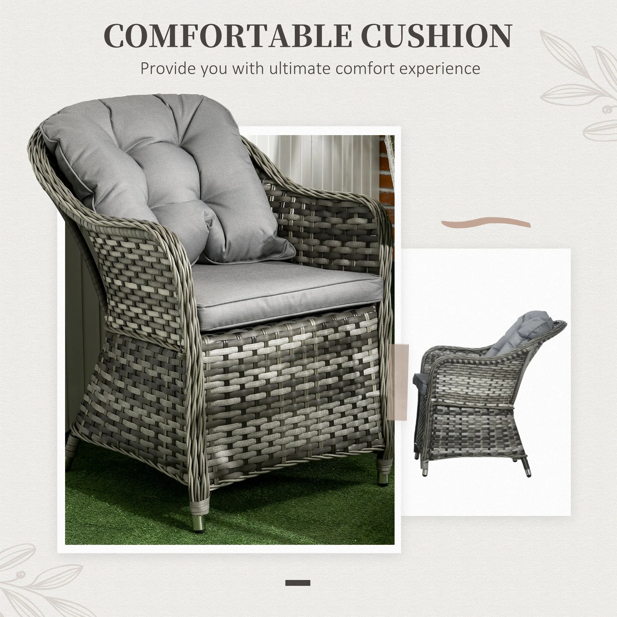 6 Seater Rattan Dining Set with Seat and Back Cushions, Parasol Hole & Glass Top Table, Grey - Image 8