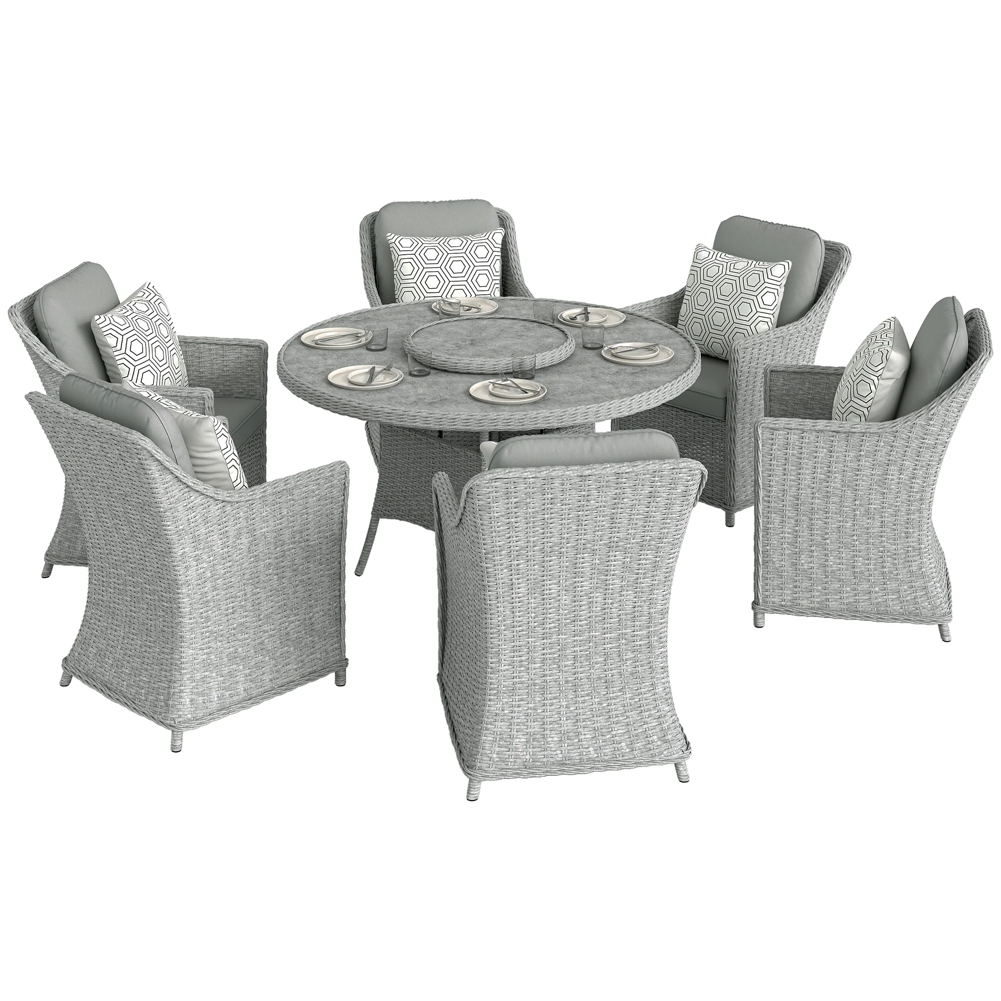 6 Seater Rattan Dining Set with Lazy Susan and Marble Effect Table, Grey