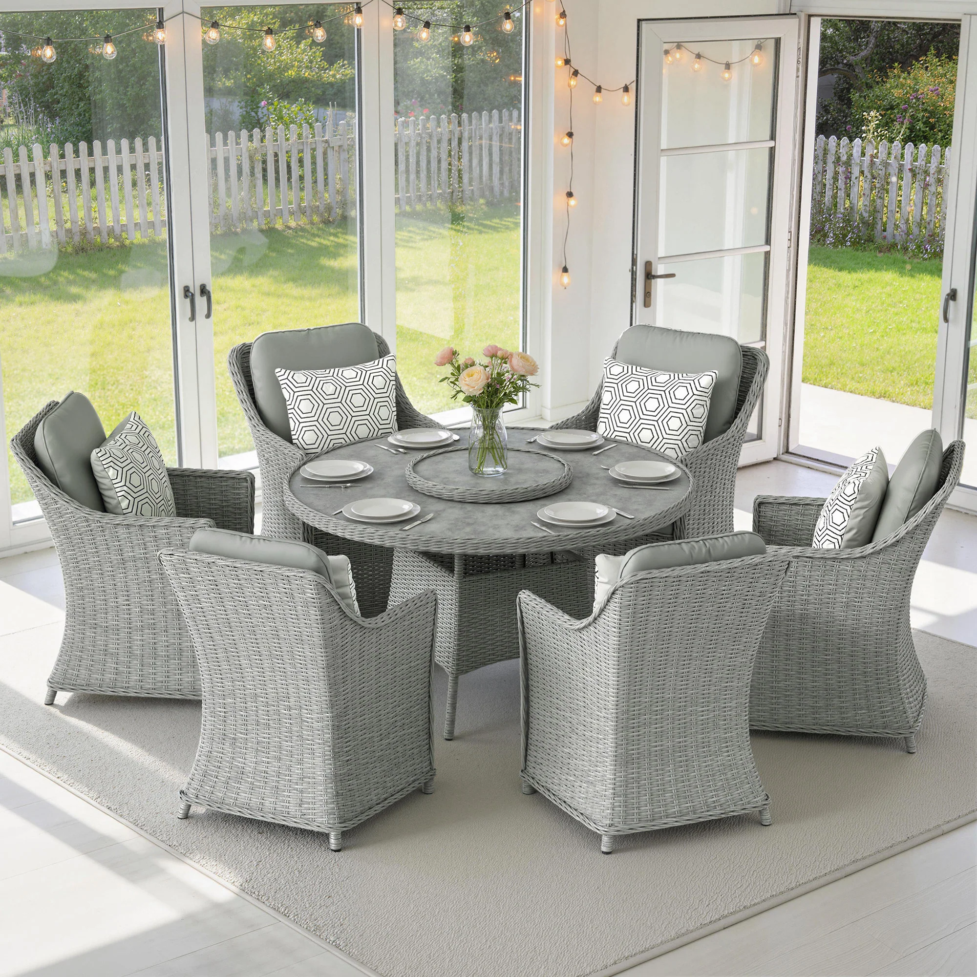 6 Seater Rattan Dining Set with Lazy Susan and Marble Effect Table, Grey - Image 11
