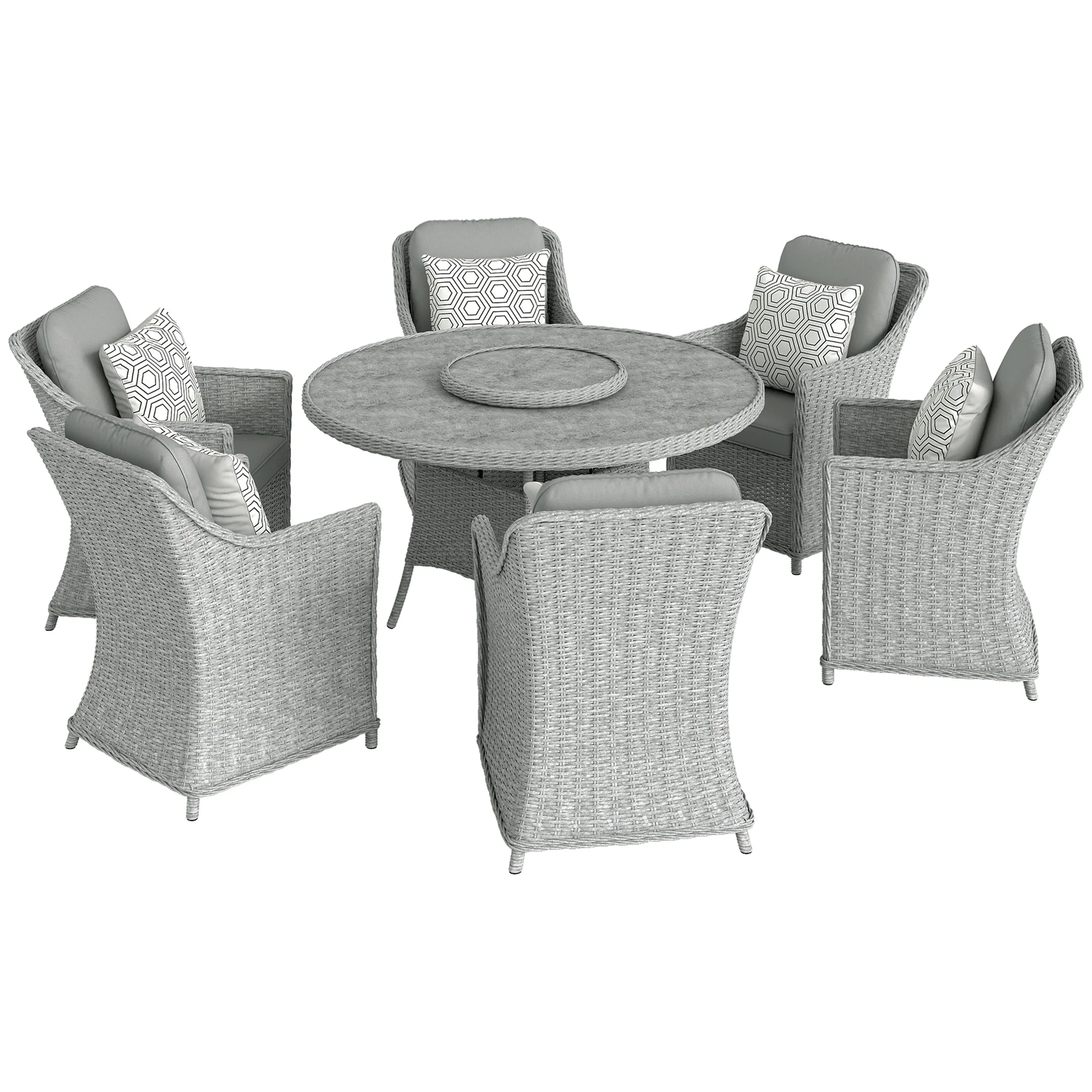 6 Seater Rattan Dining Set with Lazy Susan and Marble Effect Table, Grey - Image 12