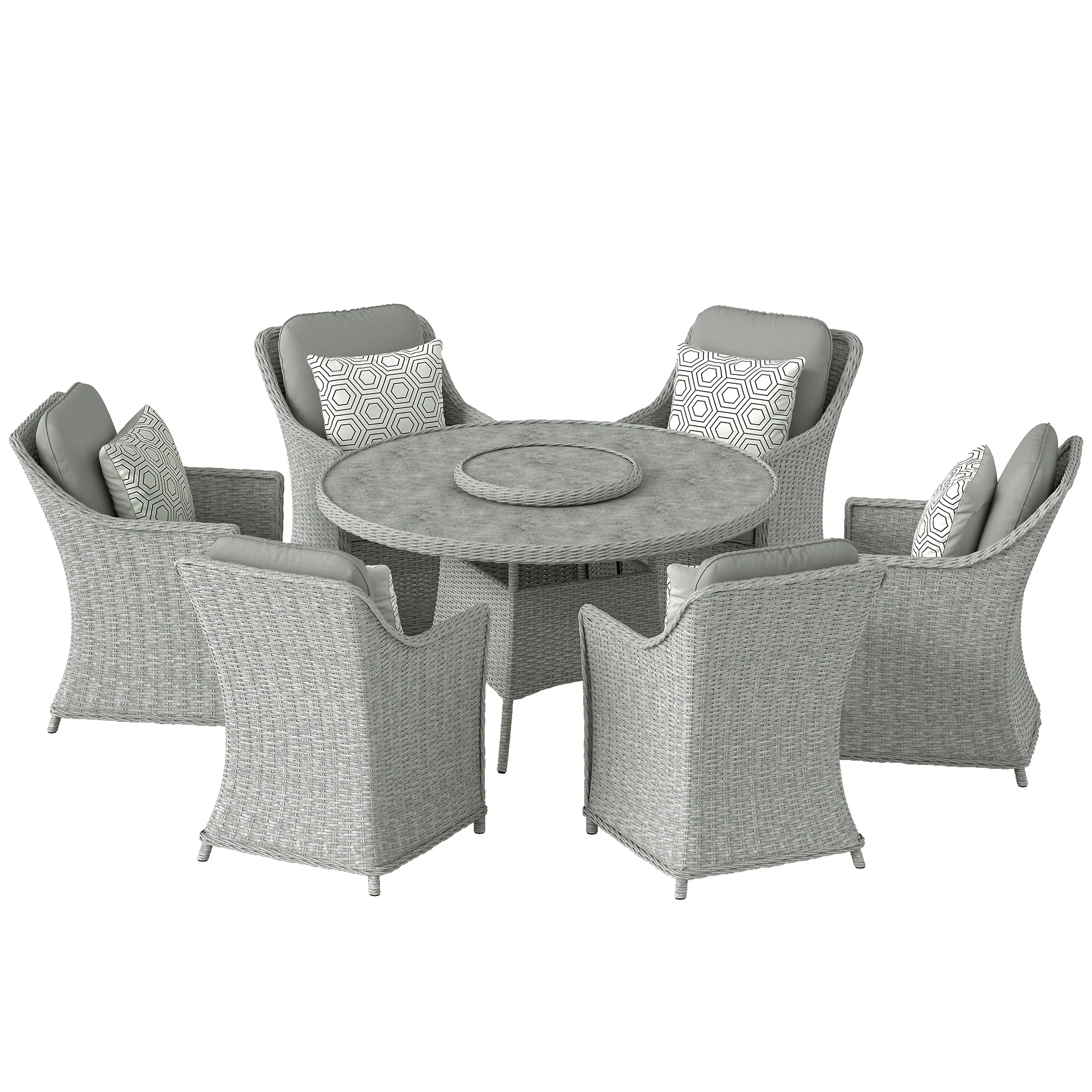 6 Seater Rattan Dining Set with Lazy Susan and Marble Effect Table, Grey - Image 2