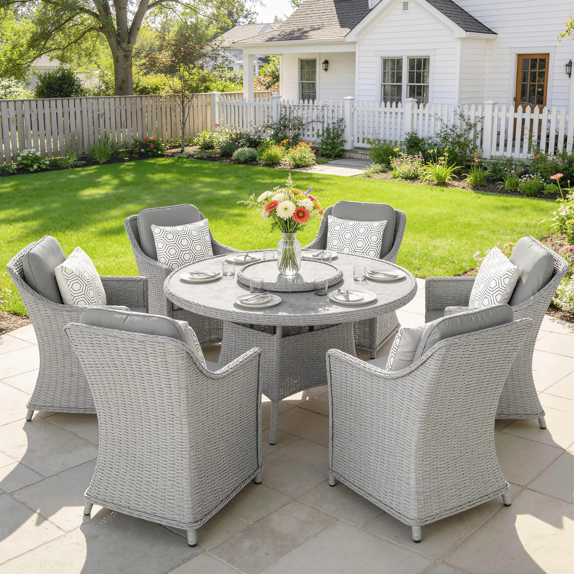 6 Seater Rattan Dining Set with Lazy Susan and Marble Effect Table, Grey - Image 3