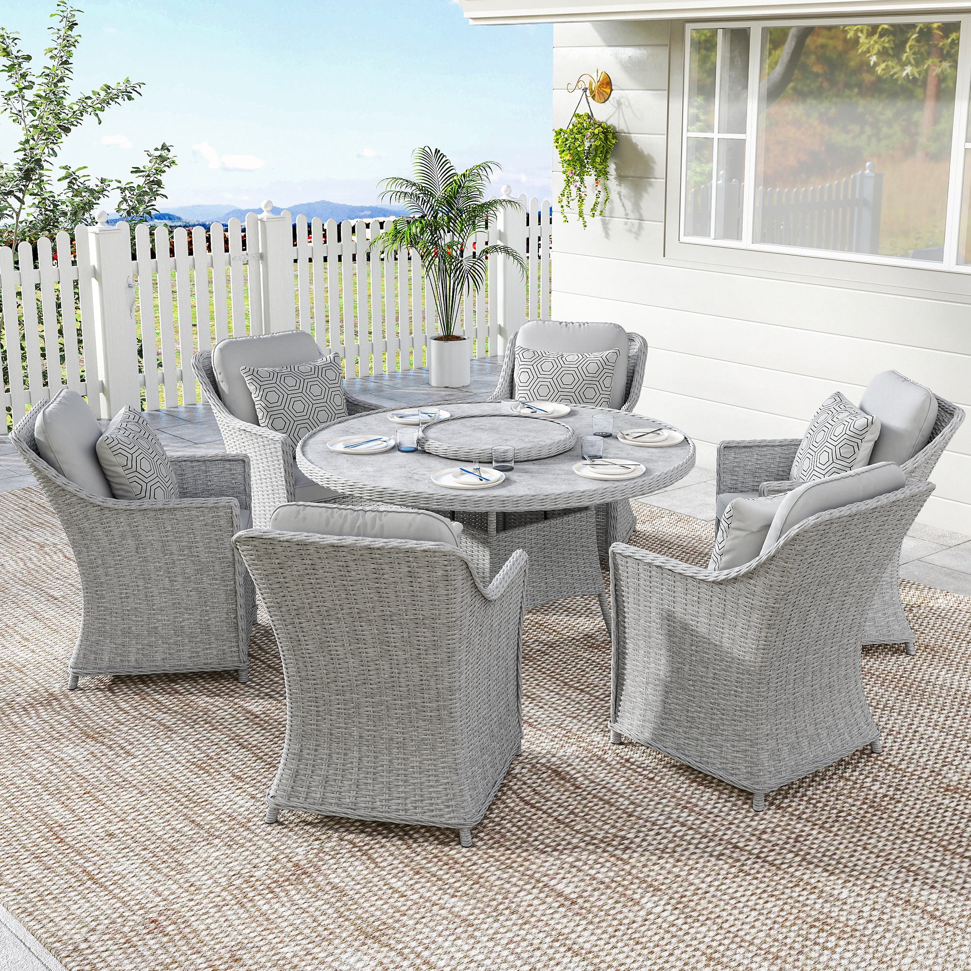 6 Seater Rattan Dining Set with Lazy Susan and Marble Effect Table, Grey - Image 4