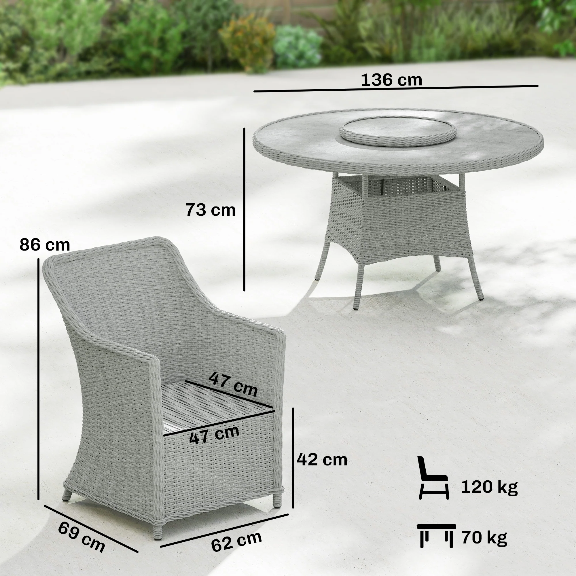 6 Seater Rattan Dining Set with Lazy Susan and Marble Effect Table, Grey - Image 5