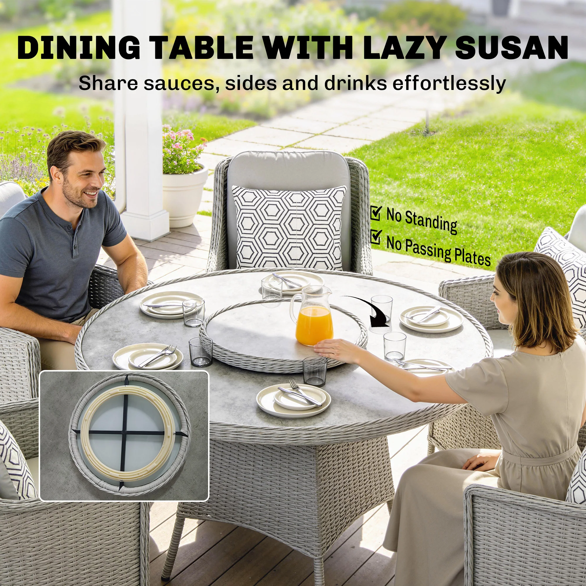 6 Seater Rattan Dining Set with Lazy Susan and Marble Effect Table, Grey - Image 6