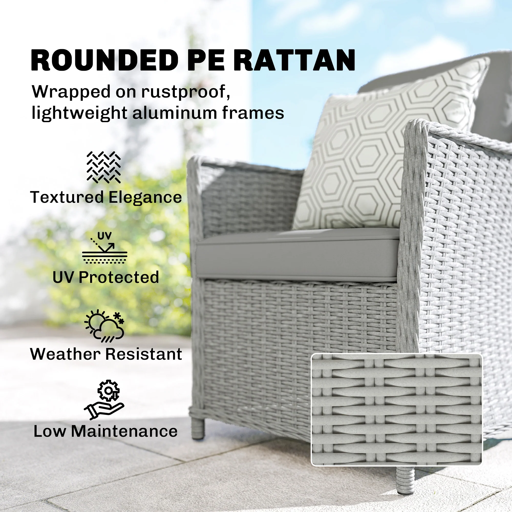 6 Seater Rattan Dining Set with Lazy Susan and Marble Effect Table, Grey - Image 7