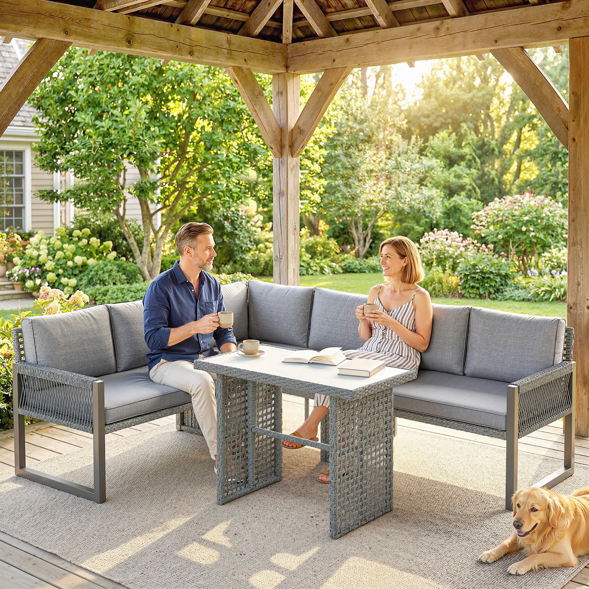 4 Piece Rattan Garden Furniture Set with 3 Loveseats, Grey - Image 11