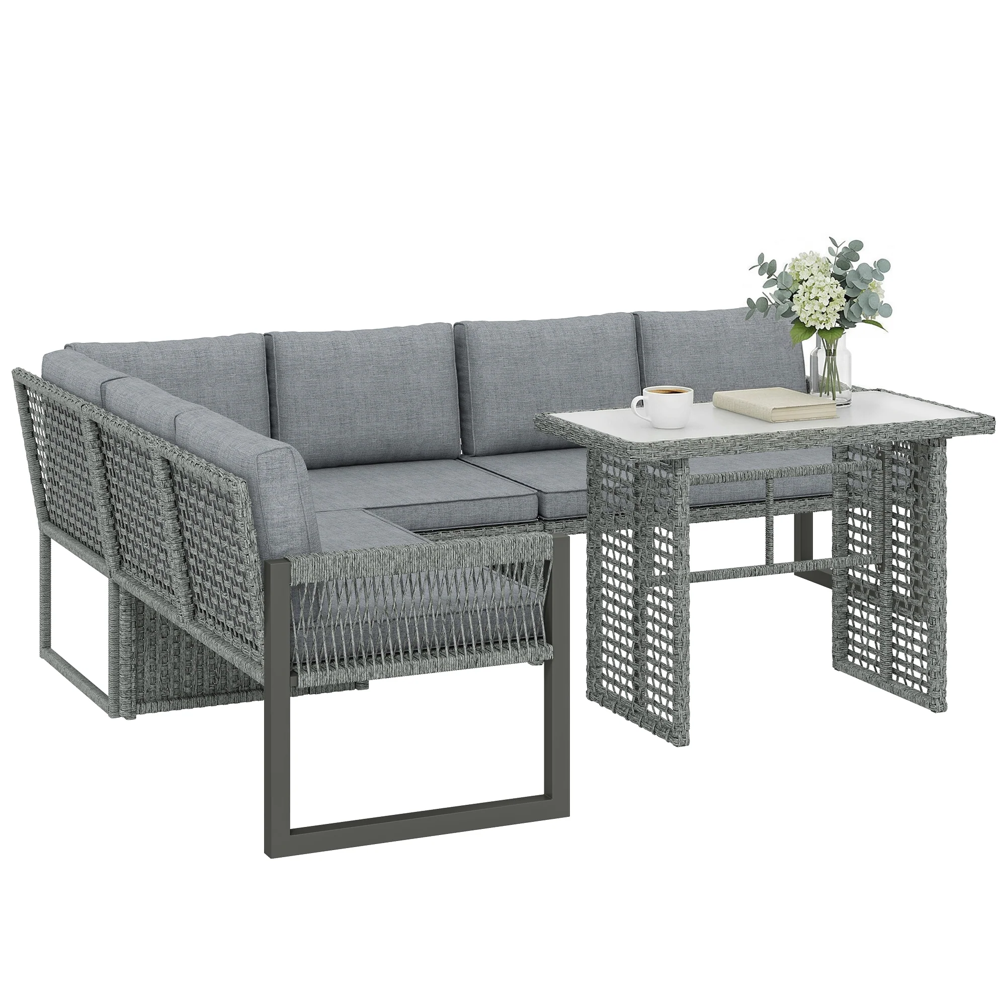 4 Piece Rattan Garden Furniture Set with 3 Loveseats, Grey - Image 2