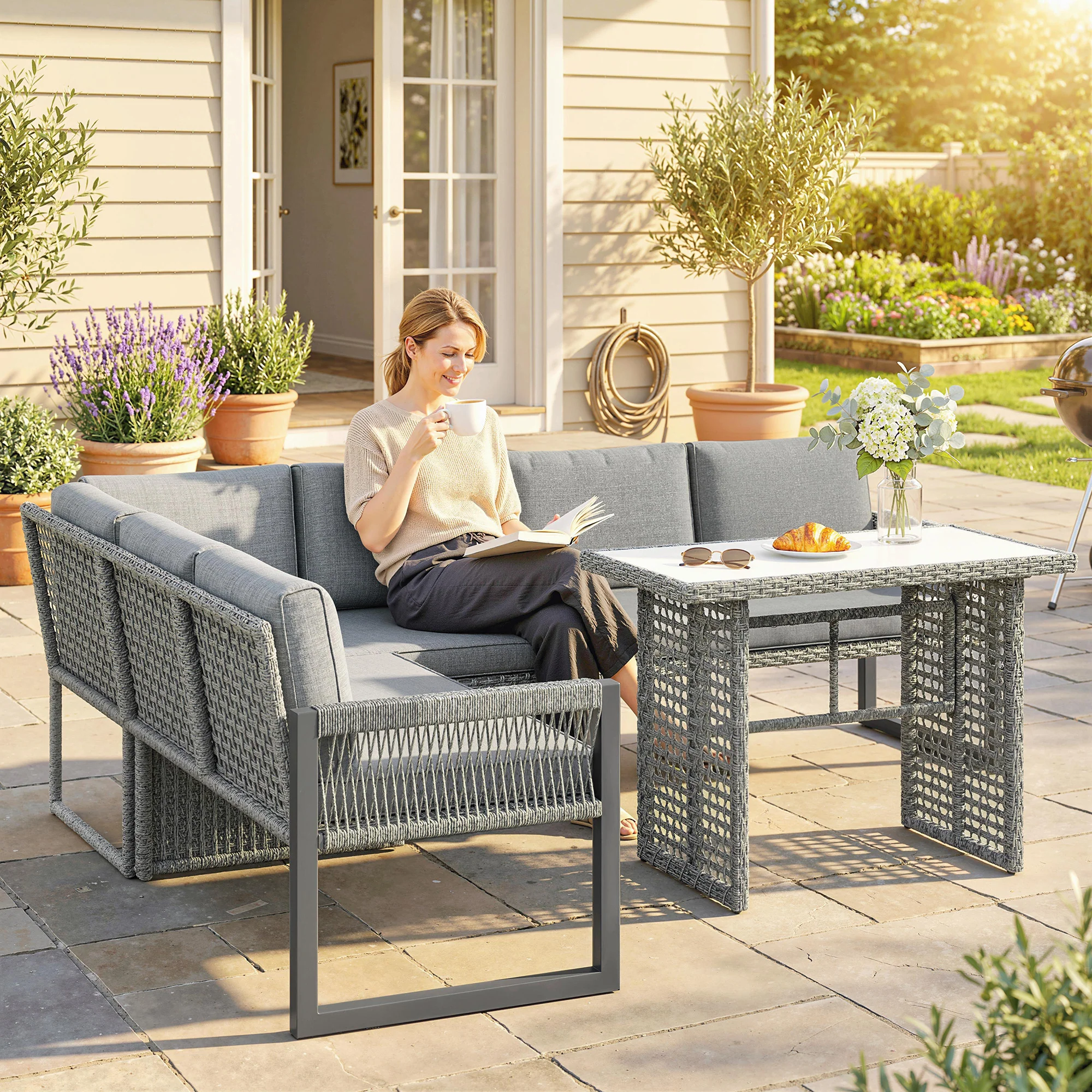 4 Piece Rattan Garden Furniture Set with 3 Loveseats, Grey - Image 4
