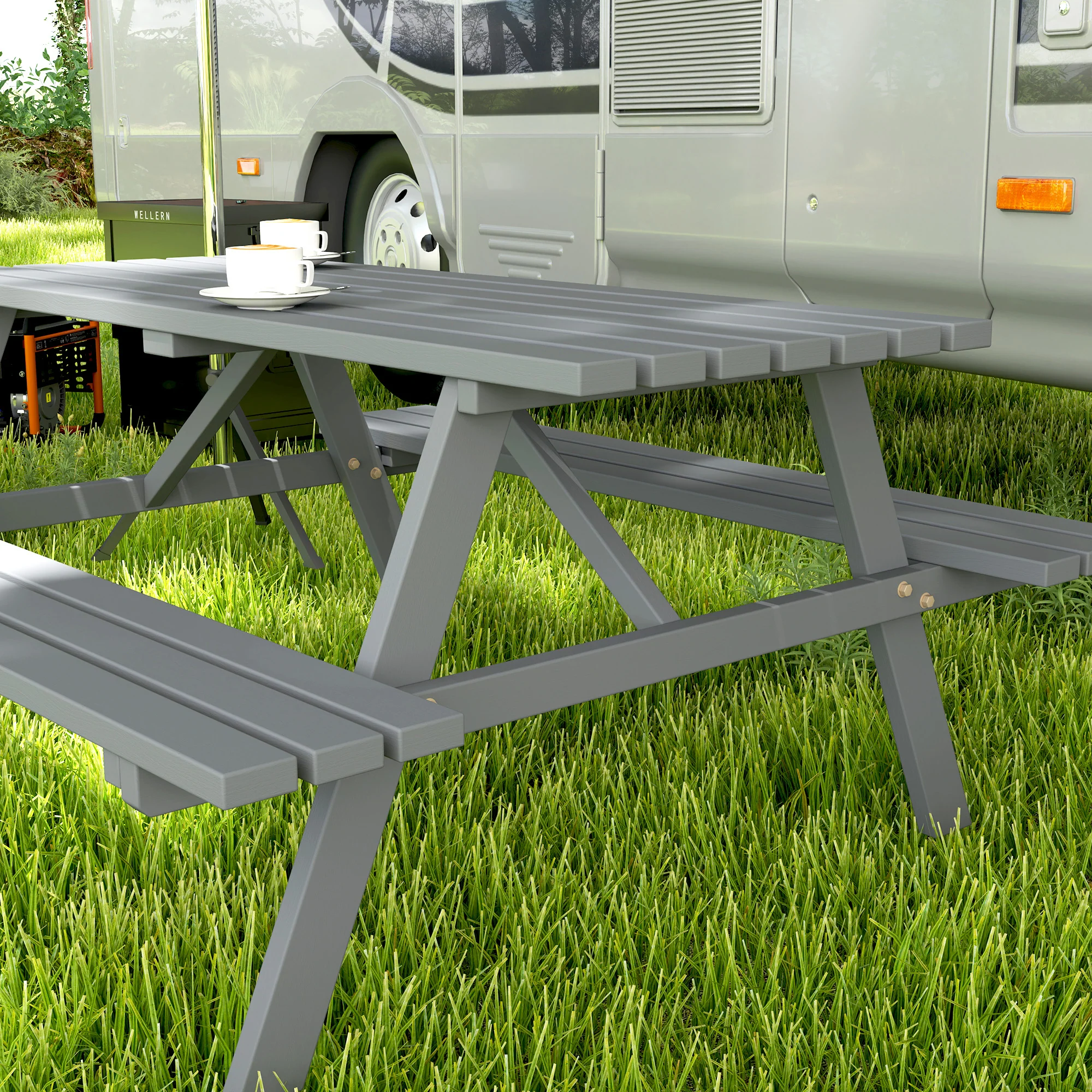 150 cm 6 Seater Wooden Picnic Table Bench with Parasol Hole, Grey - Image 11