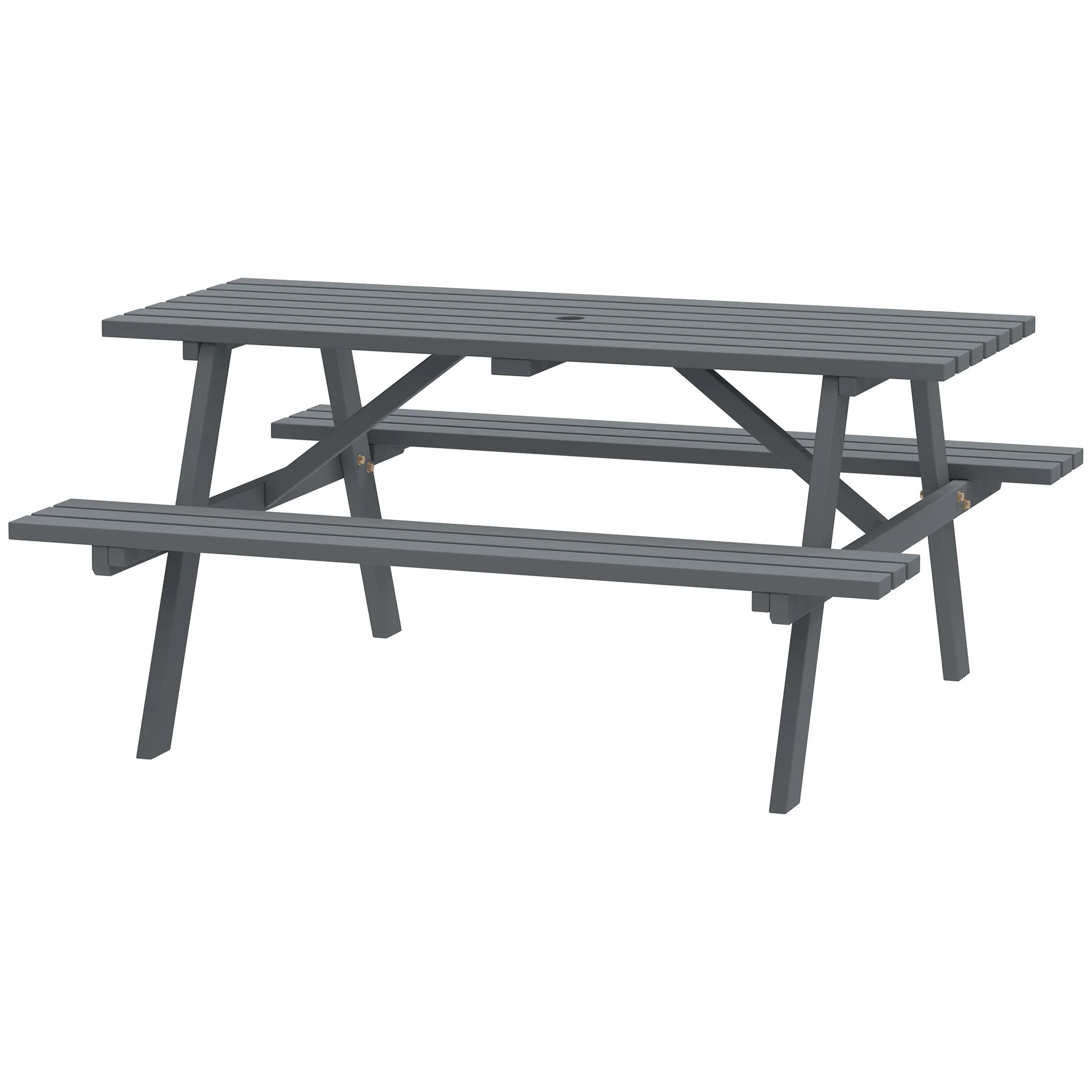 150 cm 6 Seater Wooden Picnic Table Bench with Parasol Hole, Grey - Image 2