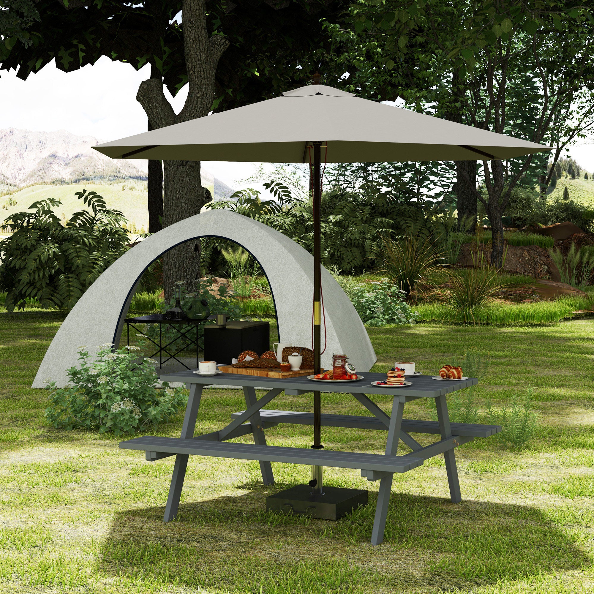 150 cm 6 Seater Wooden Picnic Table Bench with Parasol Hole, Grey - Image 3