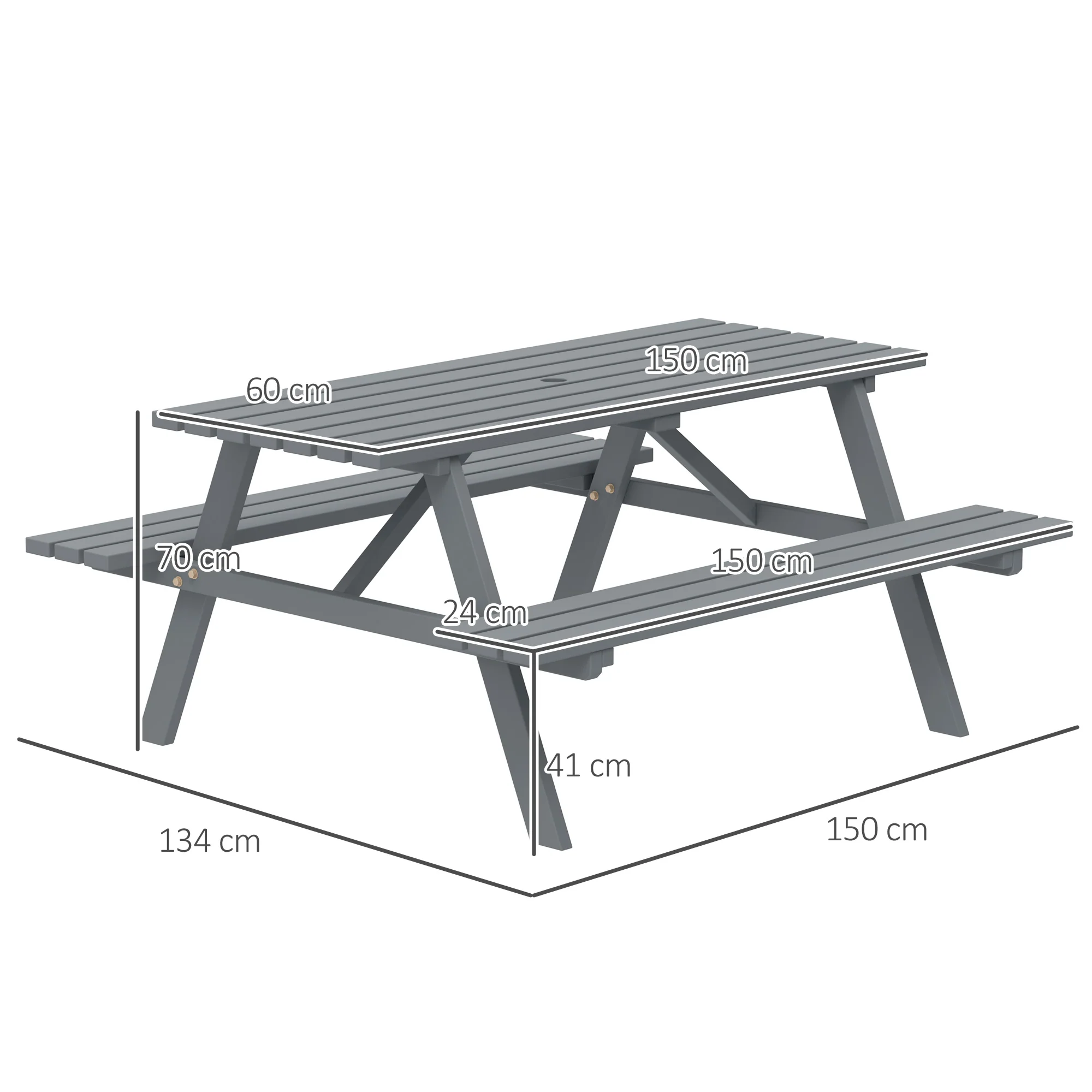 150 cm 6 Seater Wooden Picnic Table Bench with Parasol Hole, Grey - Image 5