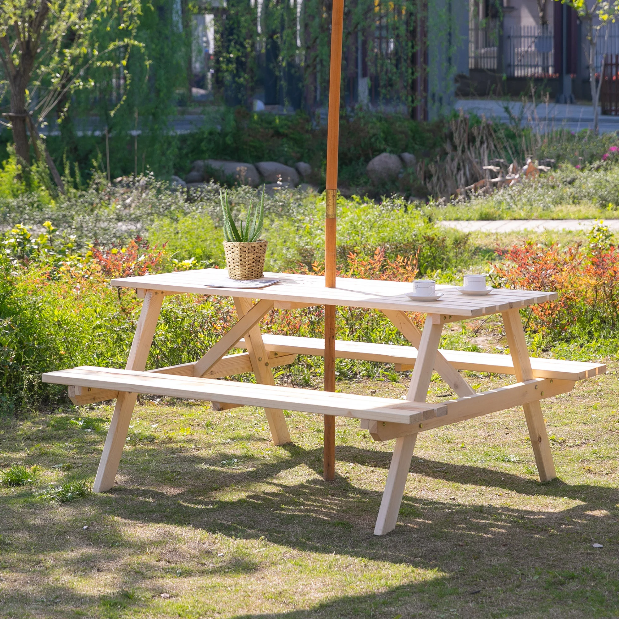 150 cm 6 Seater Wooden Picnic Table Bench with Parasol Hole, Natural Wood - Image 3