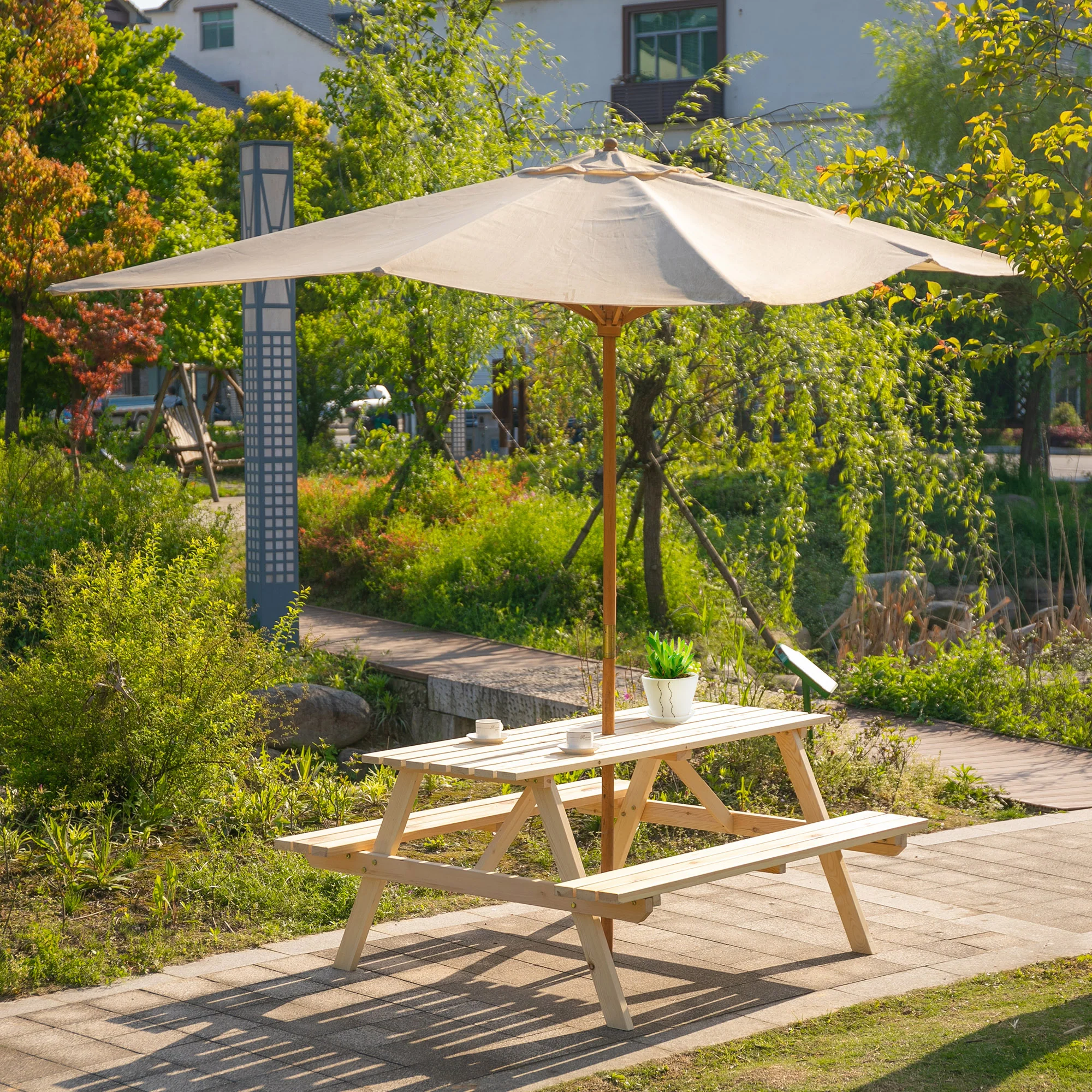150 cm 6 Seater Wooden Picnic Table Bench with Parasol Hole, Natural Wood - Image 4