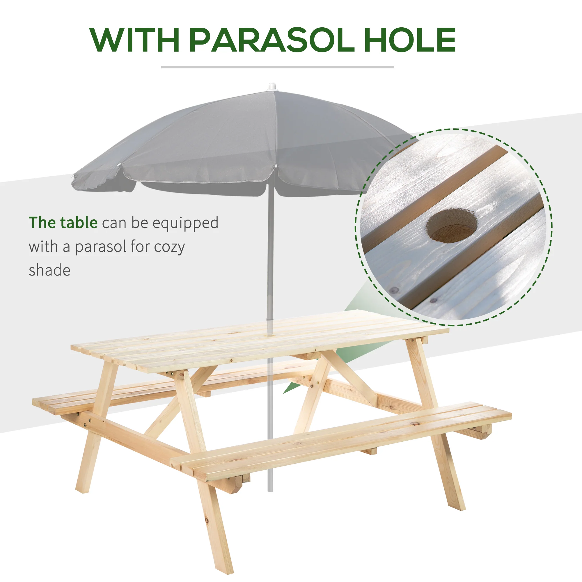 150 cm 6 Seater Wooden Picnic Table Bench with Parasol Hole, Natural Wood - Image 6