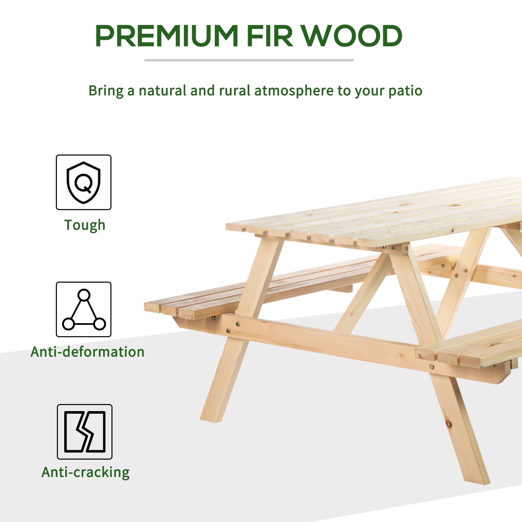 150 cm 6 Seater Wooden Picnic Table Bench with Parasol Hole, Natural Wood - Image 7