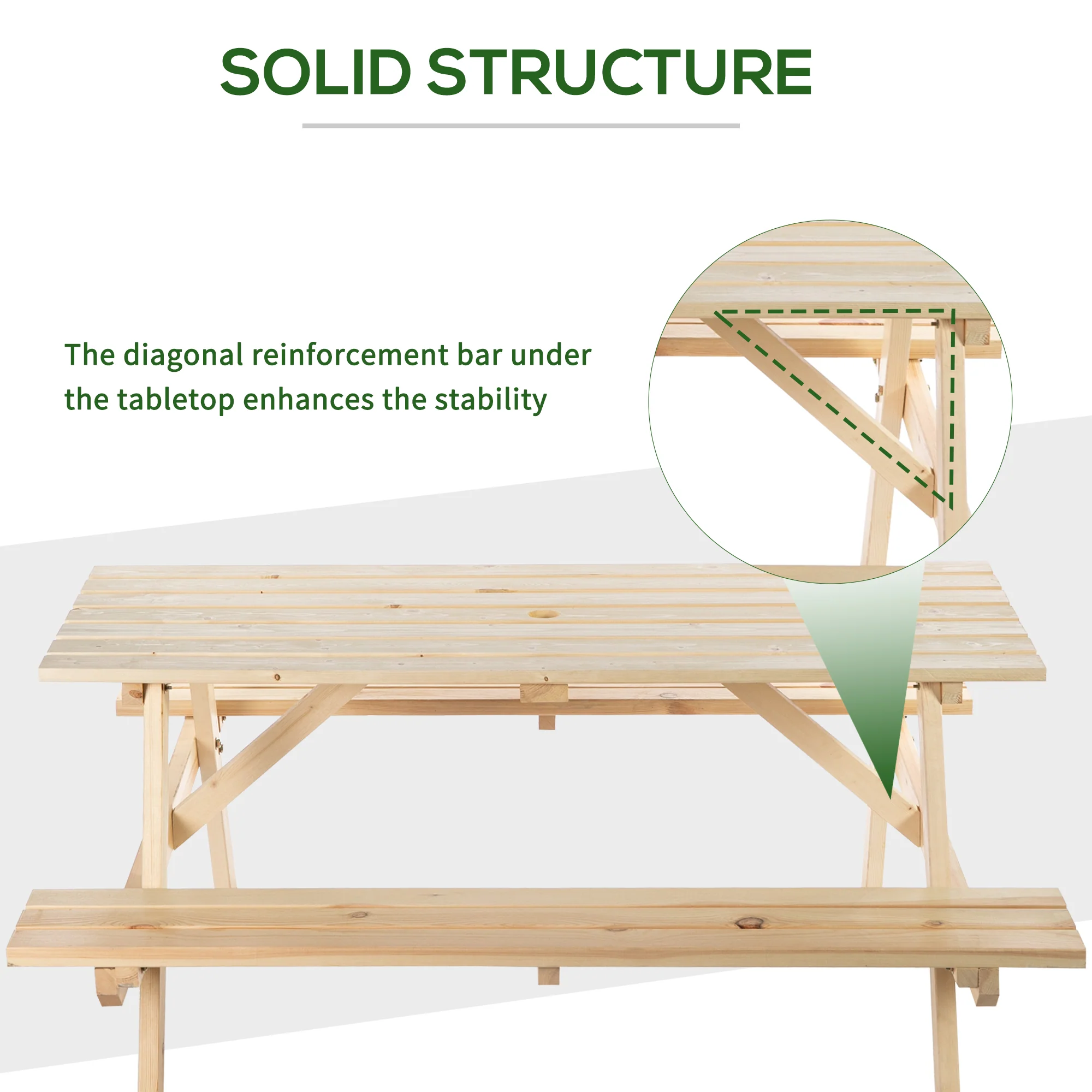 150 cm 6 Seater Wooden Picnic Table Bench with Parasol Hole, Natural Wood - Image 8
