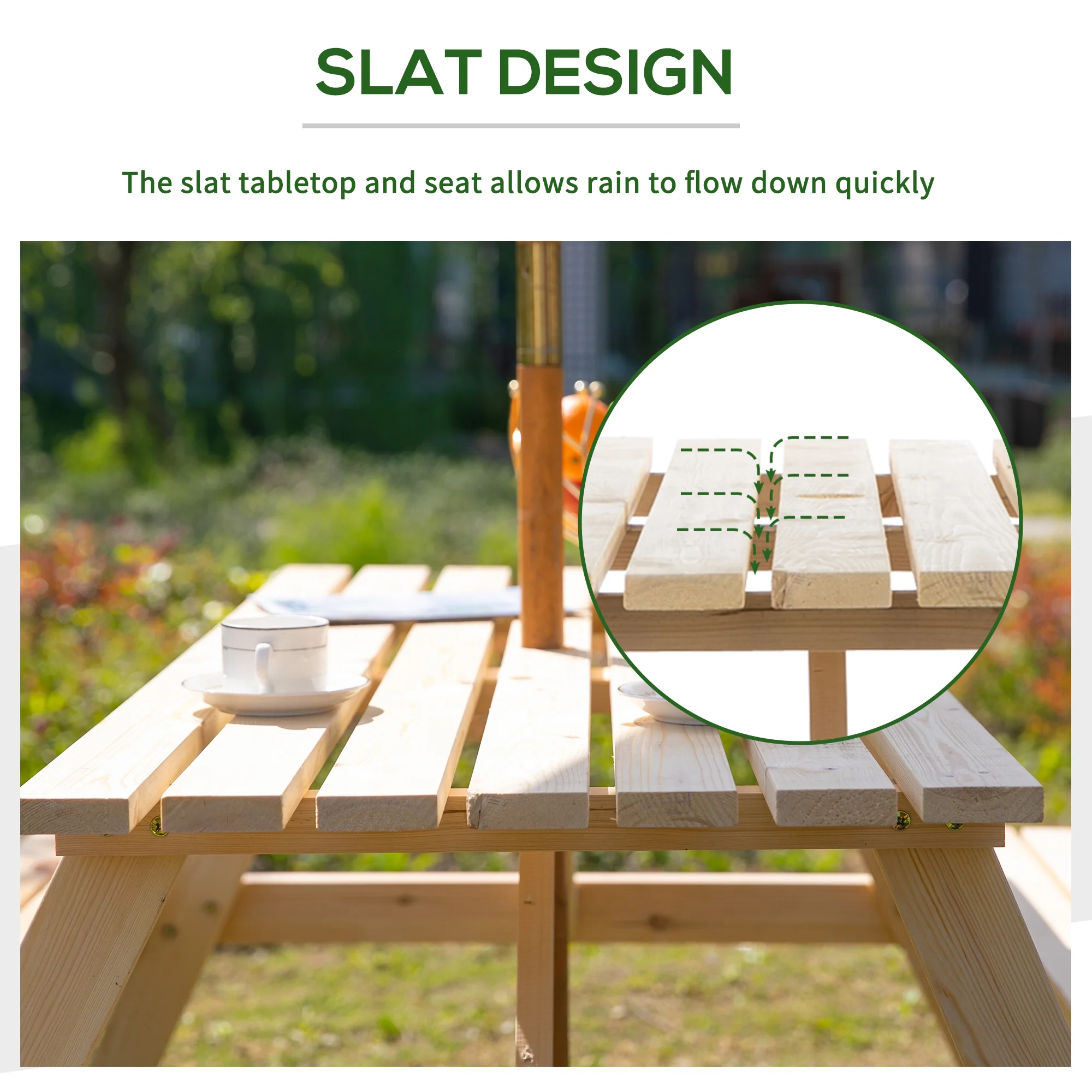 150 cm 6 Seater Wooden Picnic Table Bench with Parasol Hole, Natural Wood - Image 9