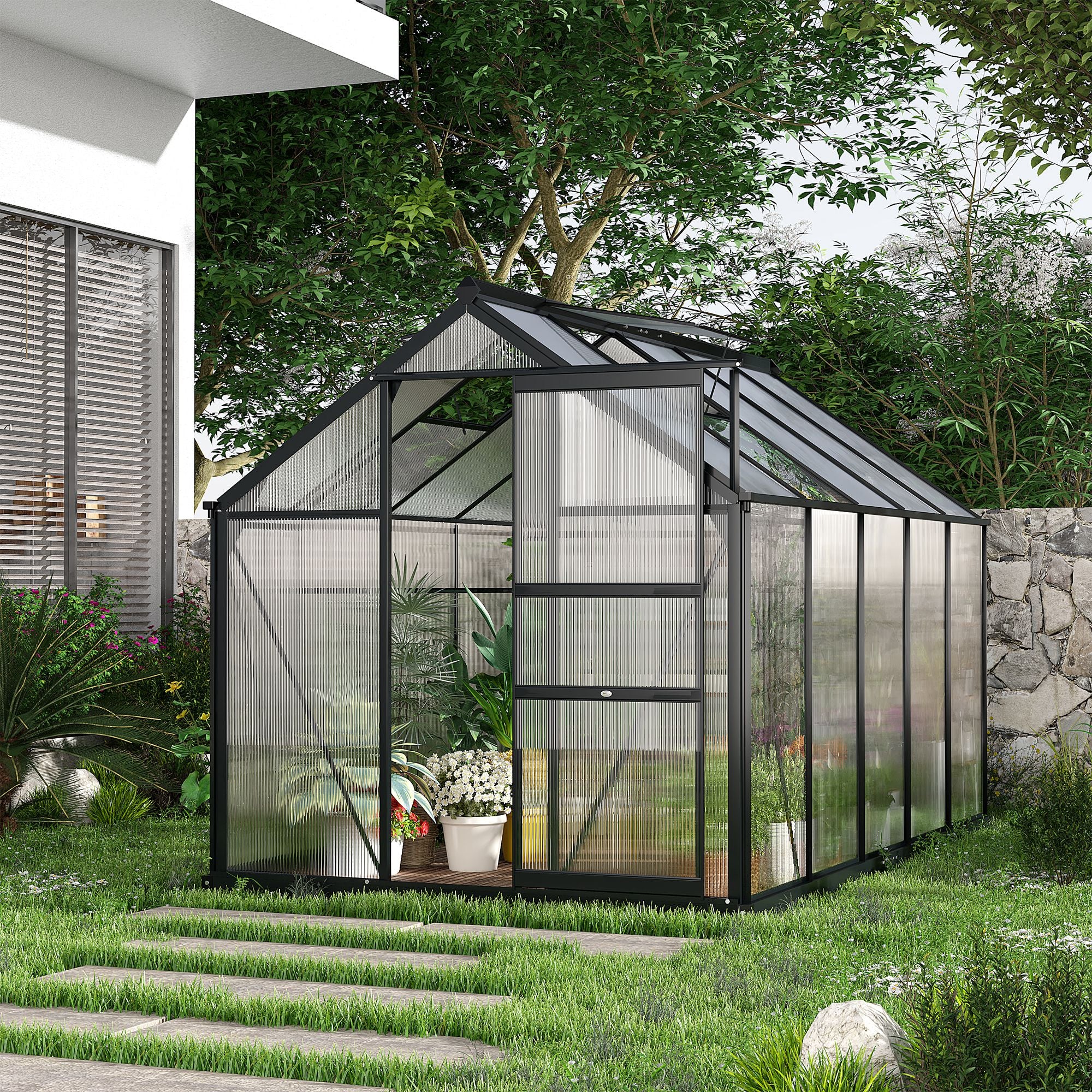 BloomGreen 6 x 10ft Large Polycarbonate Greenhouse with Aluminium Frame, Slide Door & Window, Grey - Image 4