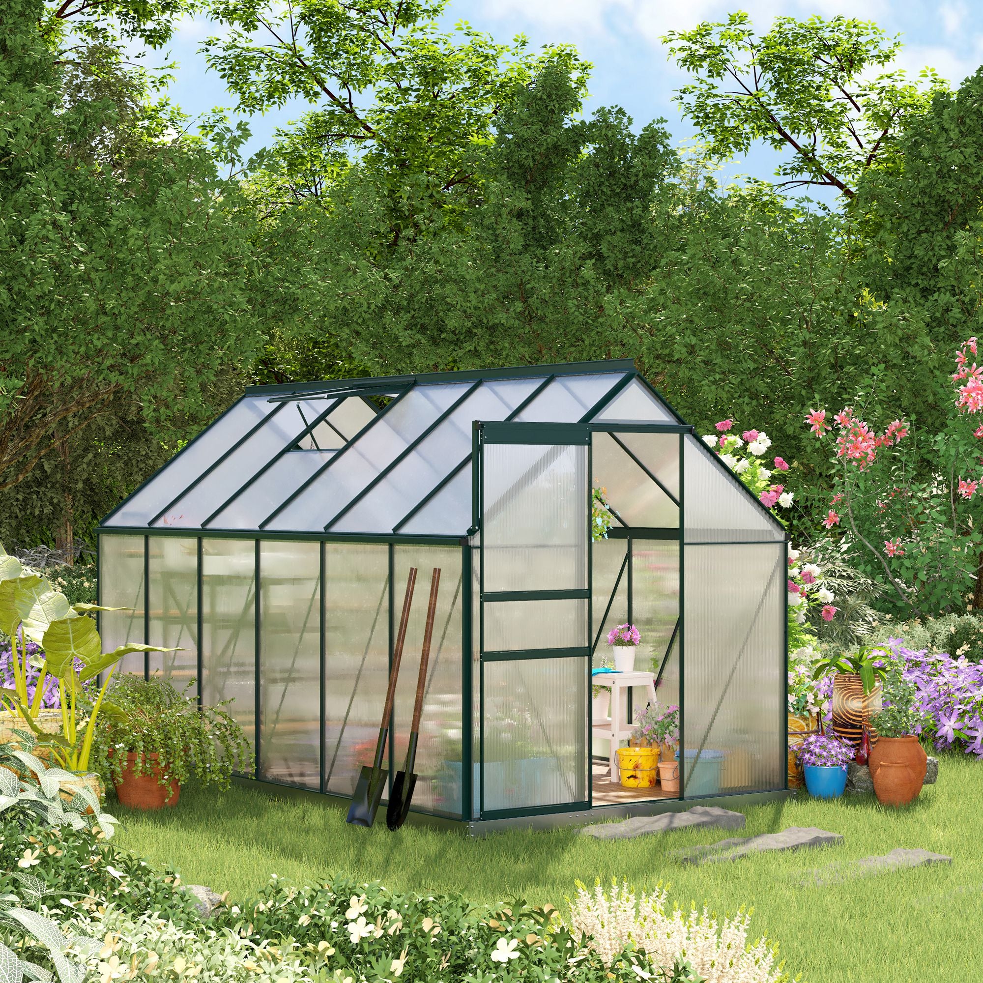 BloomGreen 6' x 12' x 6.5' Polycarbonate Greenhouse with Adjustable Roof Vent & Sliding Door, Green - Image 4