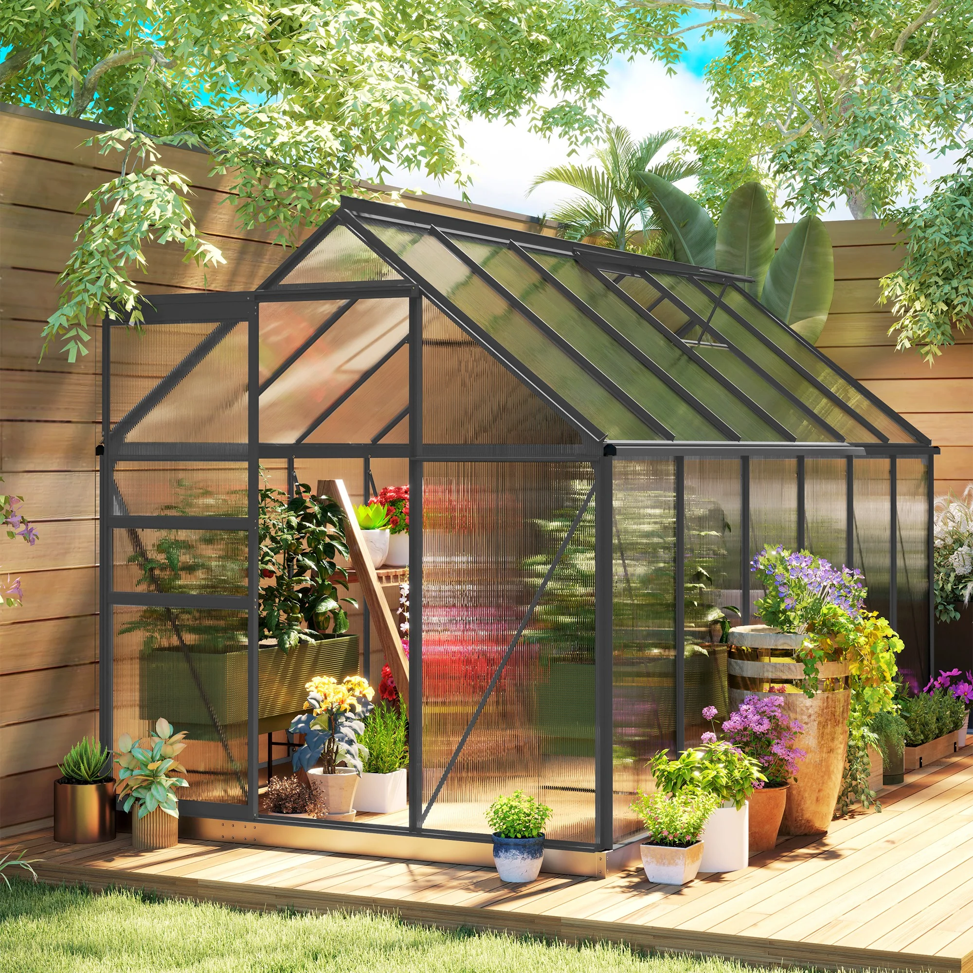 BloomGreen 6' x 12' x 6.5' Polycarbonate Greenhouse with Adjustable Roof Vent & Sliding Door, Charcoal Grey - Image 3