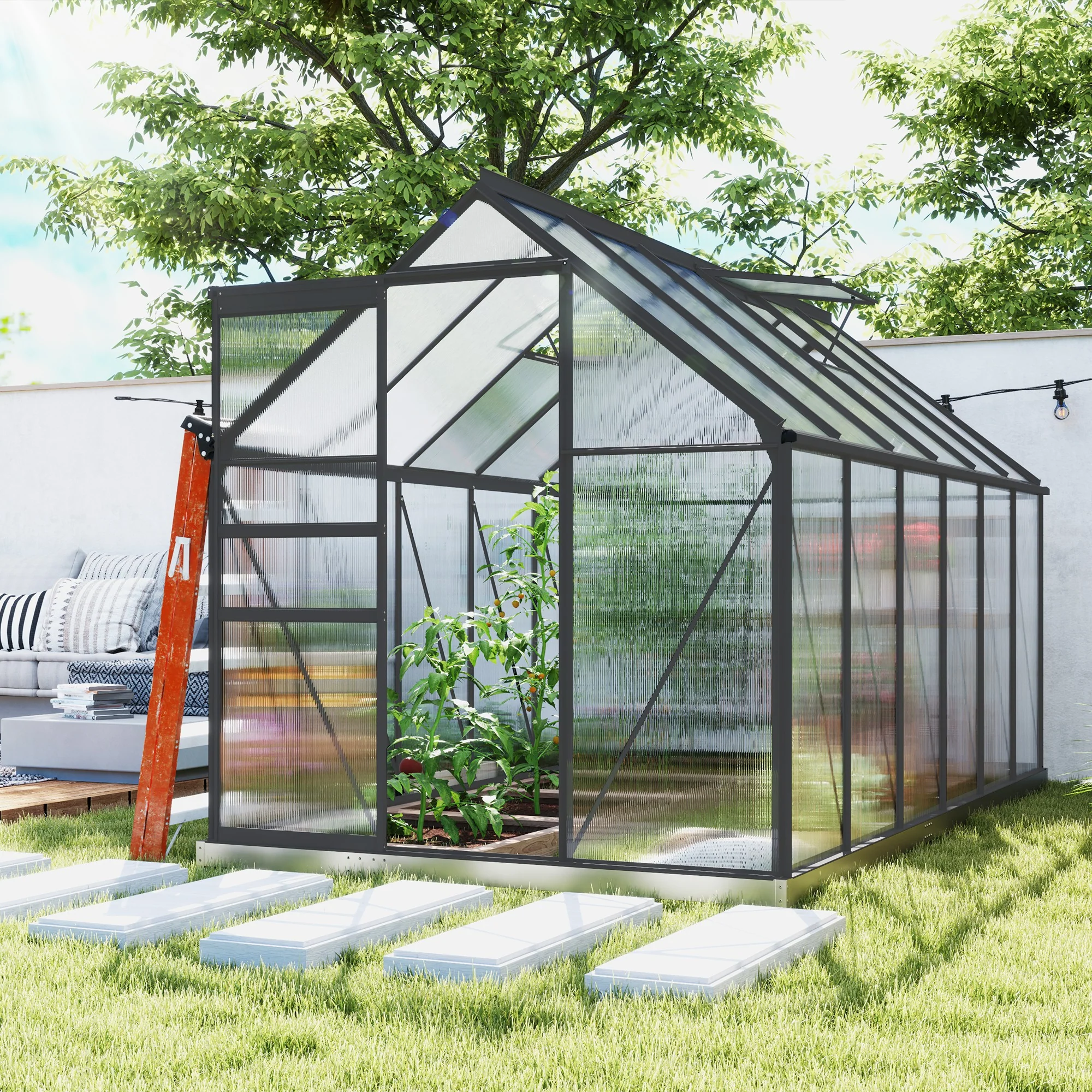 BloomGreen 6' x 12' x 6.5' Polycarbonate Greenhouse with Adjustable Roof Vent & Sliding Door, Charcoal Grey - Image 4