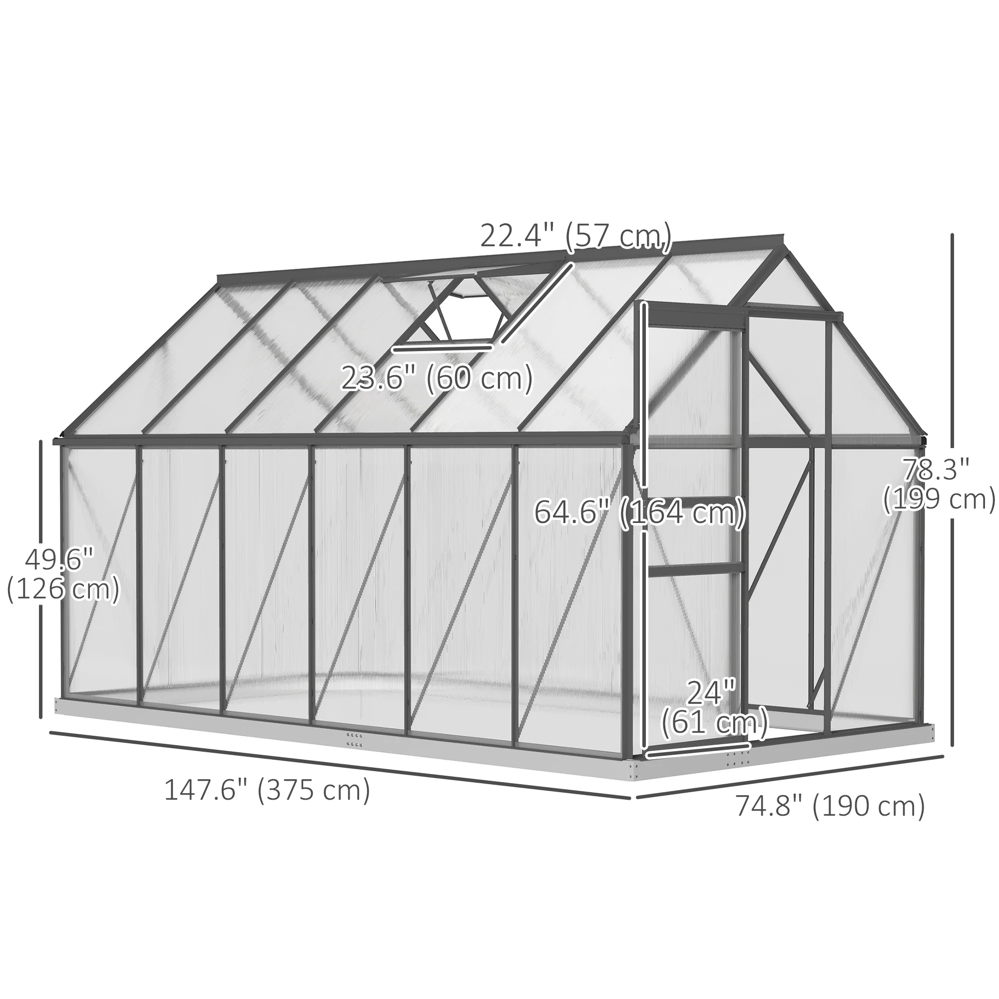 BloomGreen 6' x 12' x 6.5' Polycarbonate Greenhouse with Adjustable Roof Vent & Sliding Door, Charcoal Grey - Image 5