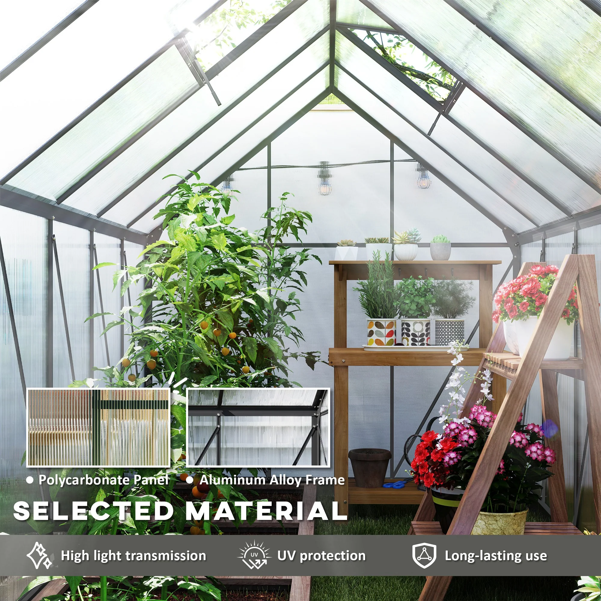 BloomGreen 6' x 12' x 6.5' Polycarbonate Greenhouse with Adjustable Roof Vent & Sliding Door, Charcoal Grey - Image 6