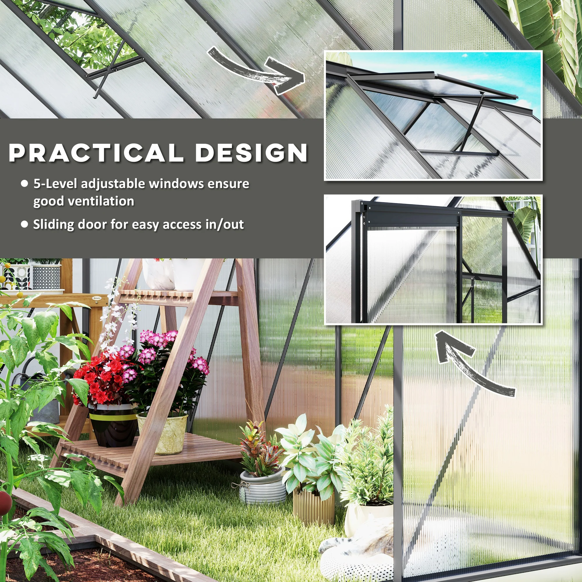 BloomGreen 6' x 12' x 6.5' Polycarbonate Greenhouse with Adjustable Roof Vent & Sliding Door, Charcoal Grey - Image 7