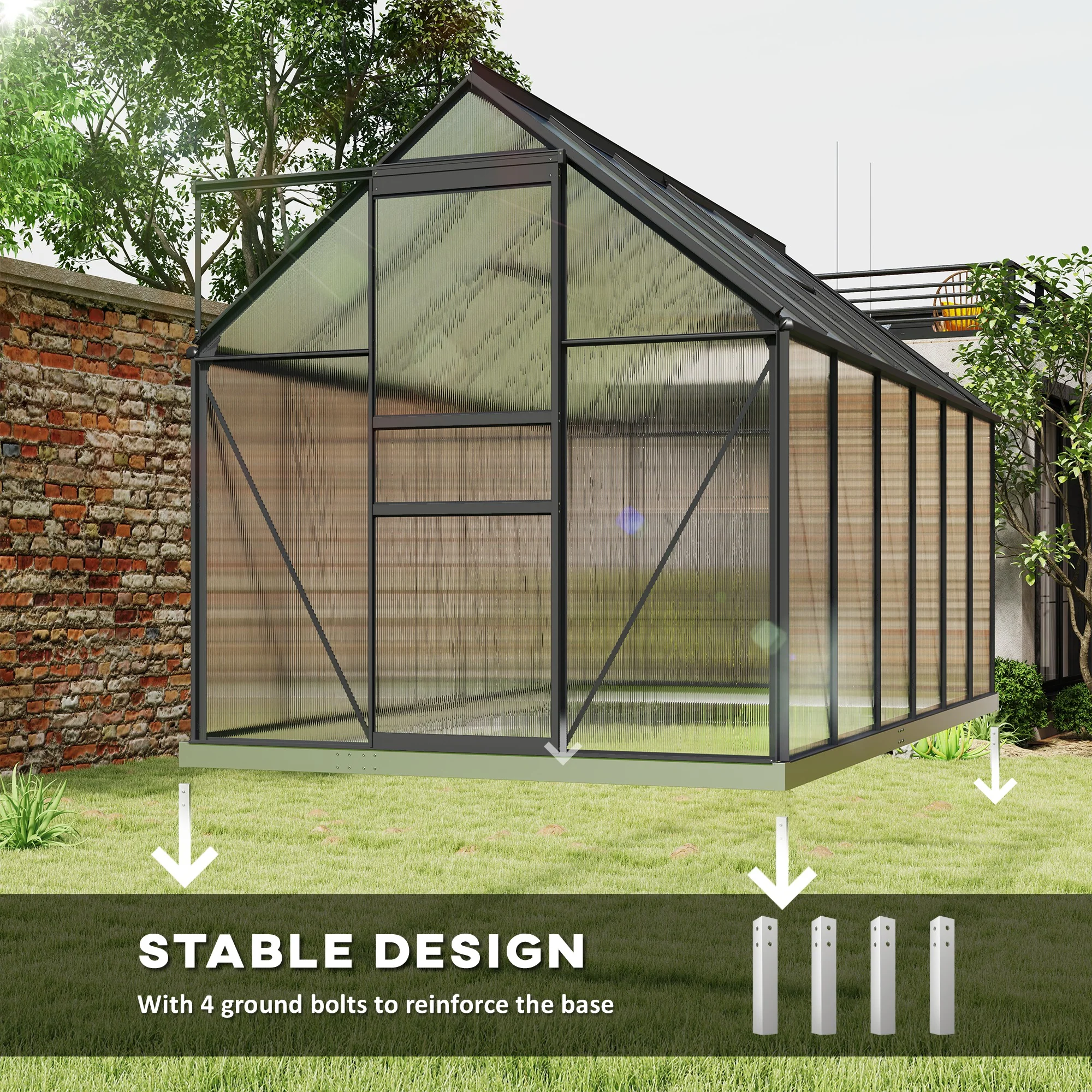 BloomGreen 6' x 12' x 6.5' Polycarbonate Greenhouse with Adjustable Roof Vent & Sliding Door, Charcoal Grey - Image 8